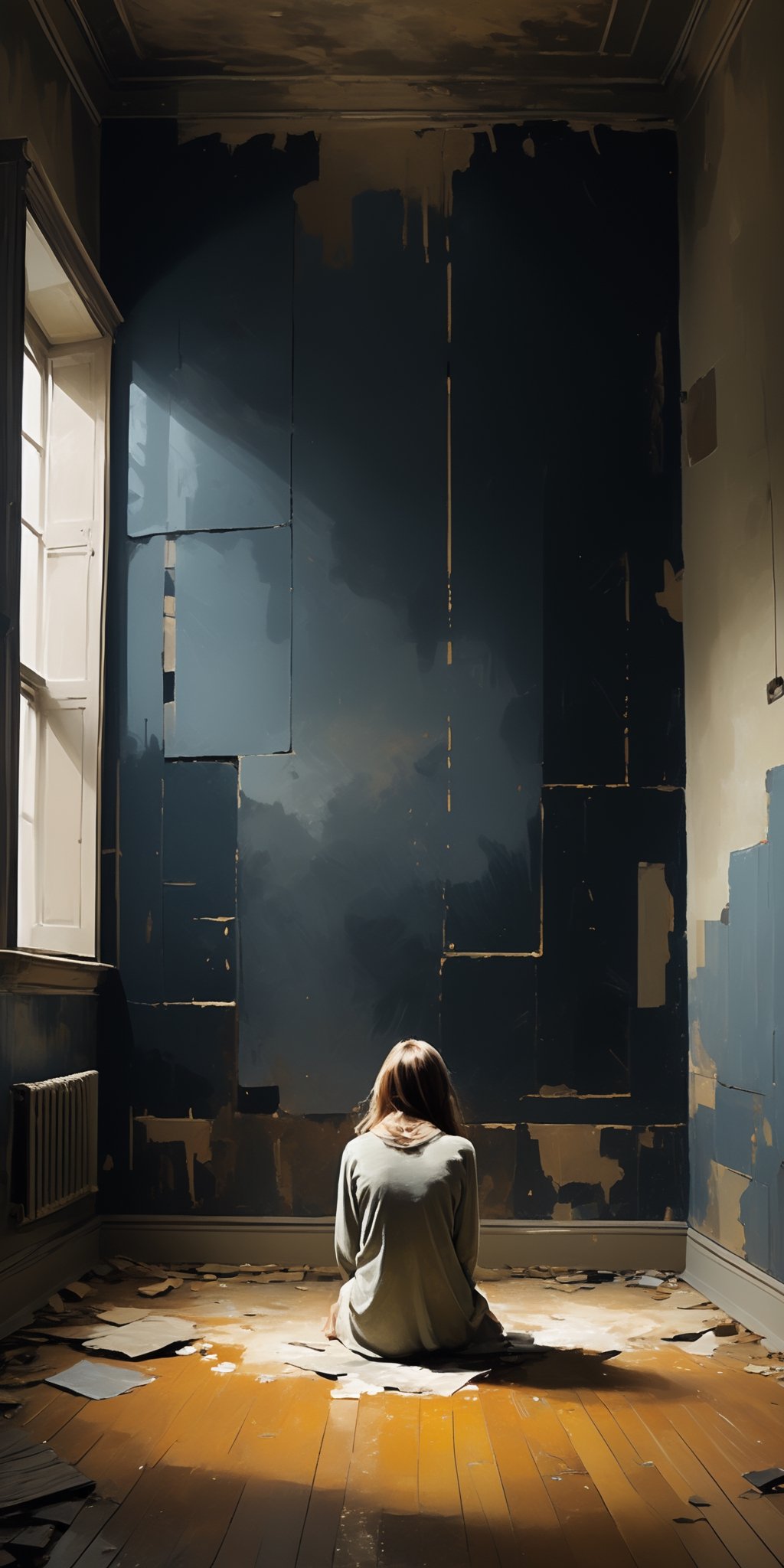 (masterpiece, high quality, 8K, high_res), 
extremely detailed illustration, abstract picture, symbolism, sensual, dark, dramatic, sad, psyholigic,
an empty room with black walls, text written on the walls in white letters, a girl sits in the center of the room, her pose expresses despair and depression,
The room itself symbolizes the place in her mind where she hid all her regrets, fears, doubts, which are expressed in the form of text on the walls, and her being in this room signifies her attempts to cope with mental problems. The desperation pose suggests that she can't handle it. The film raises the theme of loneliness and the inability to cope with depression personally, that everyone needs help and courage to share their problems with others.