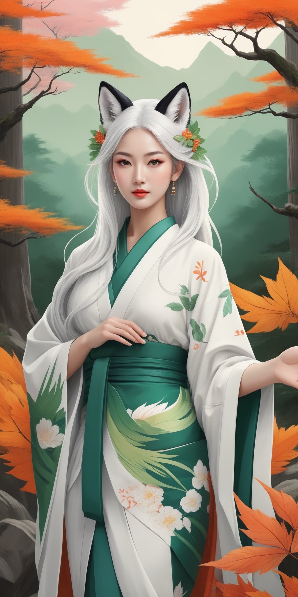 flat illustration in vibrant green colors washdrawning palette, mural style,
female spirit of nature and harvest as center of composition \kitsune\, ancient japan kimono, long white hair, spiritual tattoo, perfect sport body, 
japan forest background, completely detailed background, 
influence by ancient myphology, elegant embience, calmly and peaceful picture, fusion of detailed portrait by classicim style and modern drawing techniques, elegant merge of colors,
((masterpiece, sharp focus, high qulity, high-res:1.2)),
detailed face, detailed hair, correct body anatomy