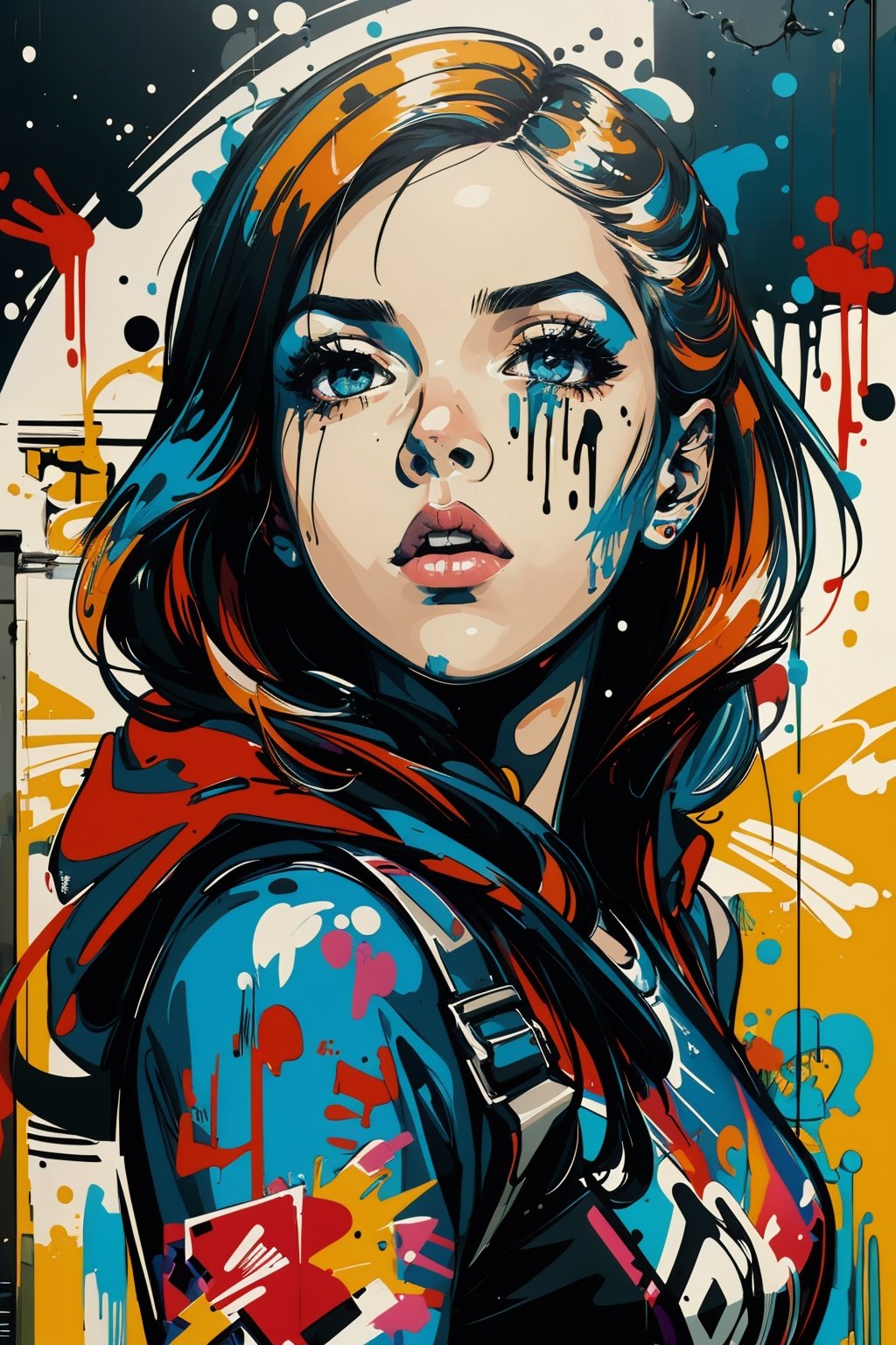 2D, graffitiStyle, (graffiti of perfect girl, random view, solo: 1.5), casual outfit, vibrant, detailed, very attractive, elegant face, sport figure, abstract, masterpiece, high quality, splashes of paint, dynamic pose, ,graffitiStyle