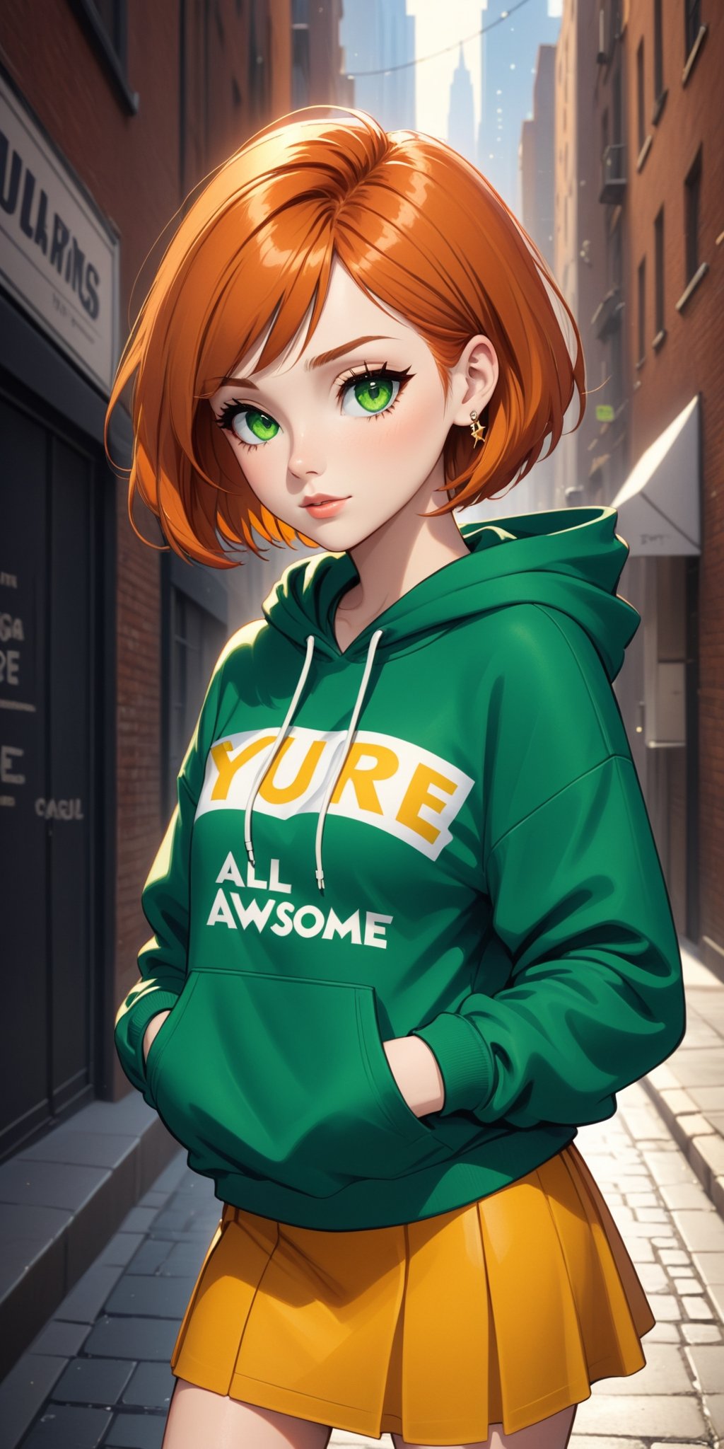cartoon style, 2D,
1girl, ginger, short stylish bob haircut, green eyes, make up, jewerly, hoodie with text as "you're all awesome", medium length skirt,
city alley background, detailed, elegant background, 
masterpiece, high quality, high_res, HDR