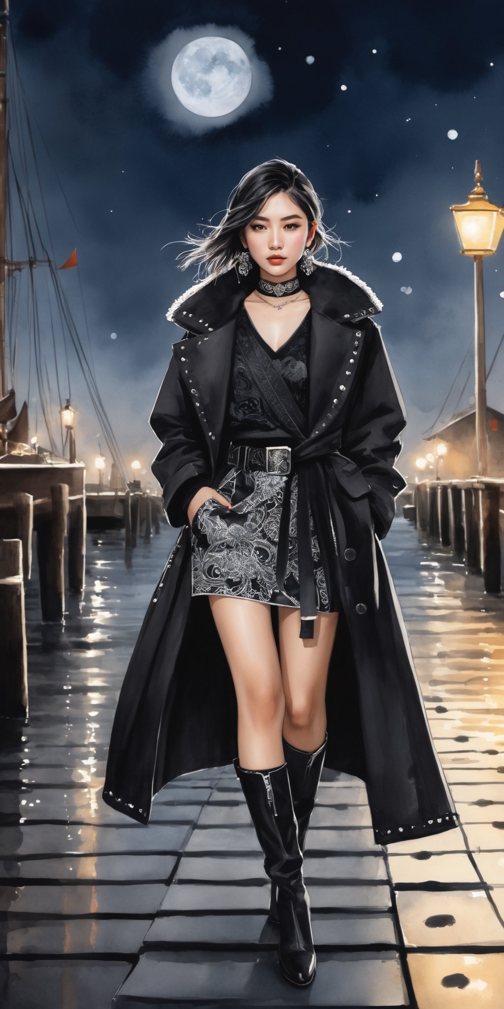 (masterpiece, high quality, 8K, high_res:1.5), 
professional photoshot style, black soft colors palette, spalsh art style,  grunge style, 
beautiful young woman with asian facial features, cocky facial expression, fashion black outfit with a lot of belts, outerwear with hem, intricate white zentagle ornament on the clothes, 
docks background, night lighting, moonlight, 
((ink lines and watercolor wash))