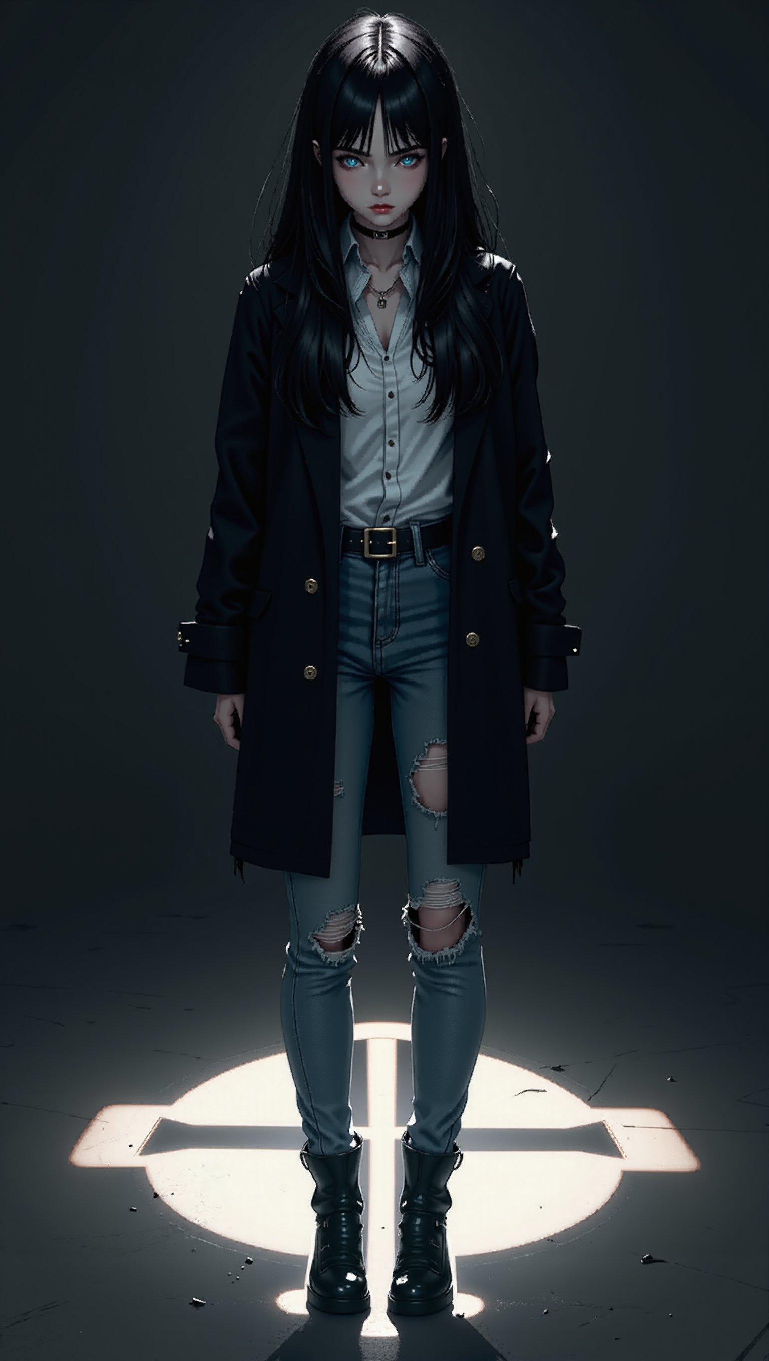 A striking anime portrait of a beautiful young woman with long black hair and pale blue eyes, dressed in a dusty black coat, dirt white shirt and and worn jeans. Set in a dark room, a cross-shaped light illuminate a floor, she's standing at the base the resulting big cross on the floor, casting soft shadows. The minimalist style highlights intricate details of her gothic makeup and clothing, evoking a somber atmosphere filled with religious symbolism and muted dark tones. High angle, Shot with Leica M10 Monochrom, 50mm lens, f/2.0, 1/250s.,FluxGothicRealnime,Anime Style,