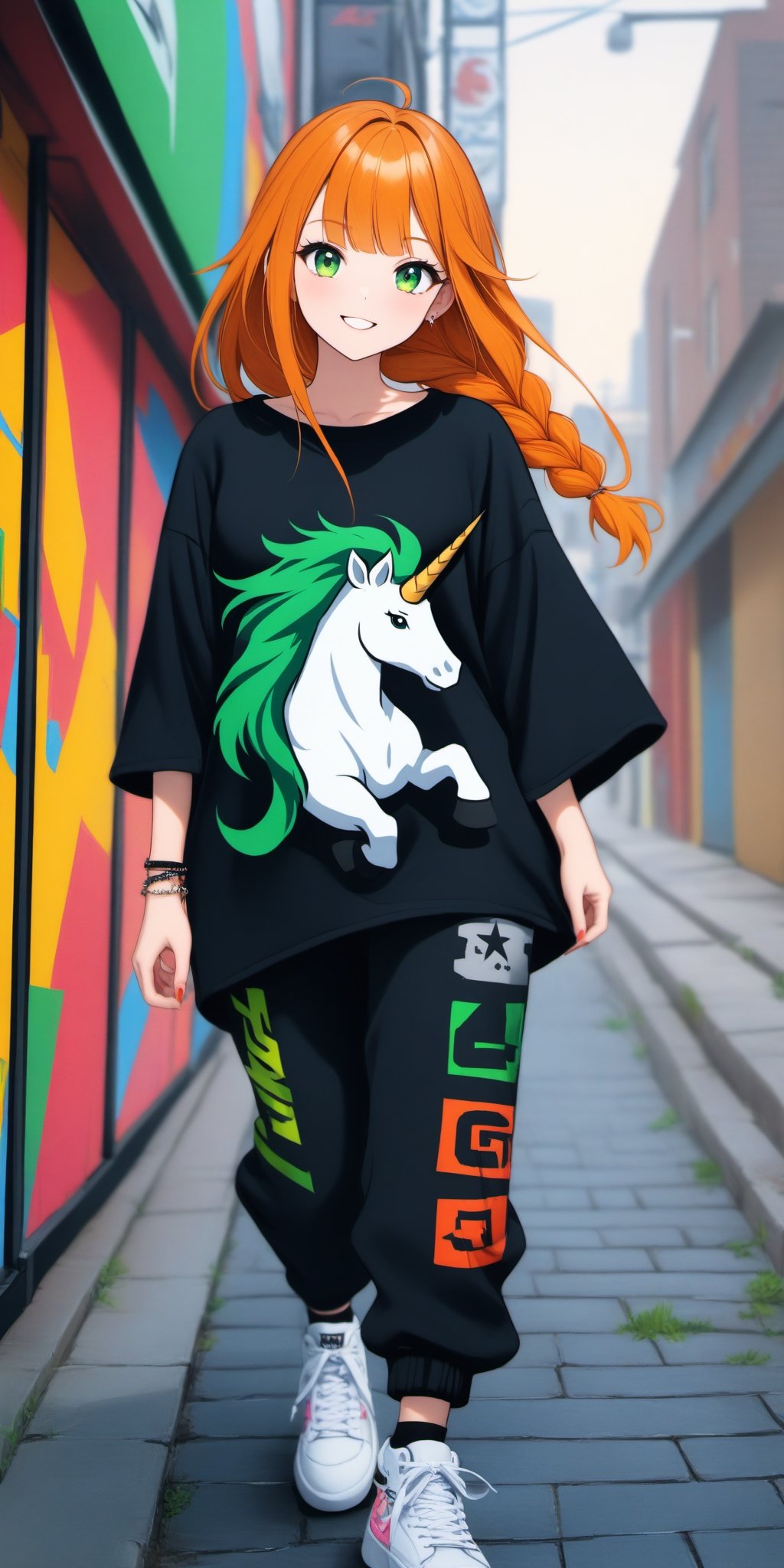 (masterpiece, high quality, 8K, high_res), 
beautiful woman, slavic facial features, ginger, braids, green eyes, 
urban style clothing, oversized tshirt with unicorn print, joggers, sneakers, clothes inspired by Mark Ecko, 
a street full of street art elements background,
professional photoshot style, vibrant, energetic, restless, cheerful, inspiring, intricate,
ultra detailed, pictured by badabum27, 

