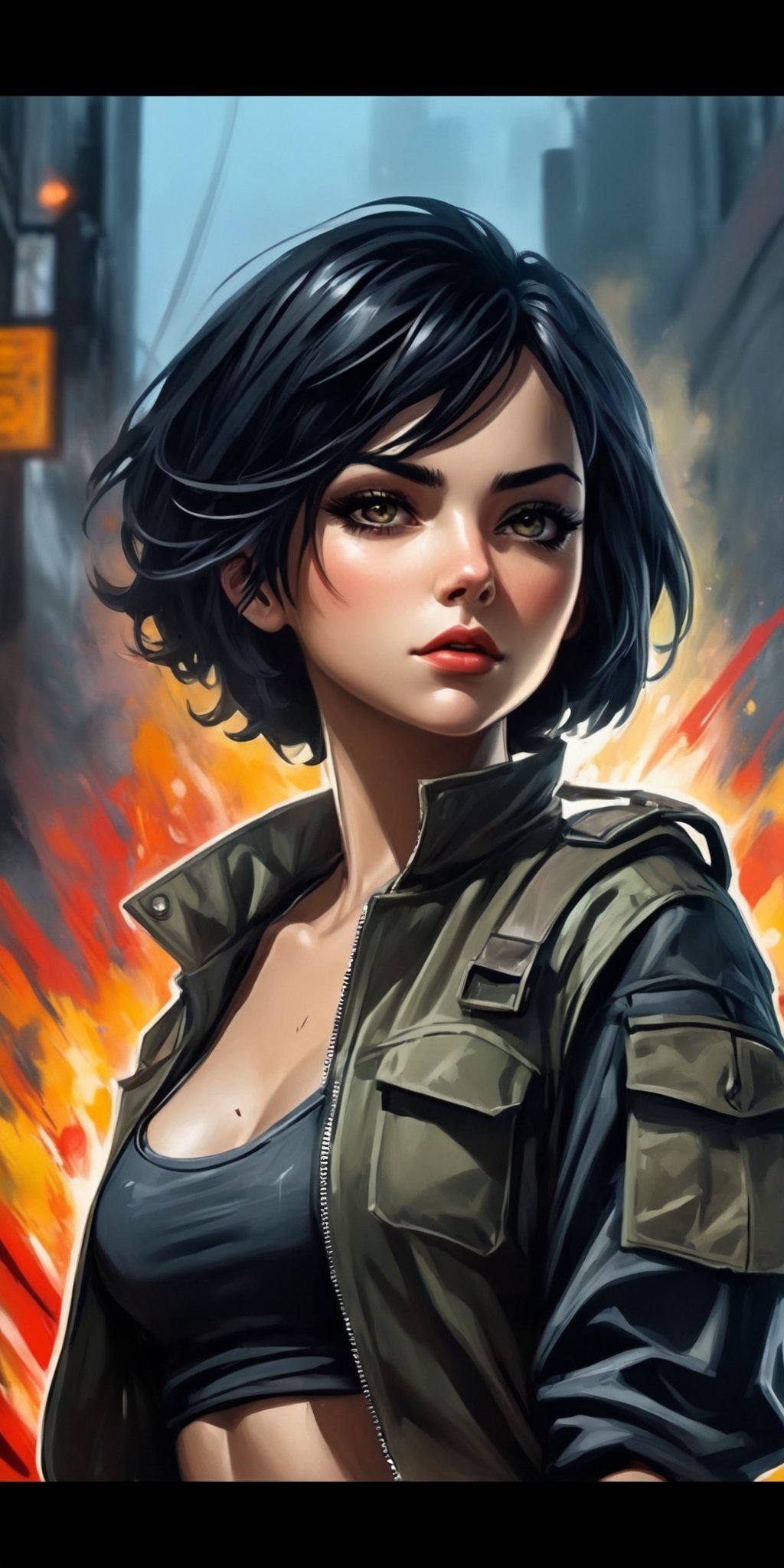 fusion splash art and sticker art, handpainted pencil drawning and 2D CG, realistic style, 
videogame character, woman, beautiful and seductive, antihero, black short hair, evil facial expression, 
clothing \tank top, bomber with short sleeves, military pants, army boots\, clothes dirty with blood,
baclground \bar after a fight with traces of blood everywhere\,
pose showing how tired the character is, 
masterpiece, very detailed image, cover style, high quality, brutal and violence, action style, thriller, detective genre, detailed eyes, 
Comic Book-Style 2d,Leonardo Style