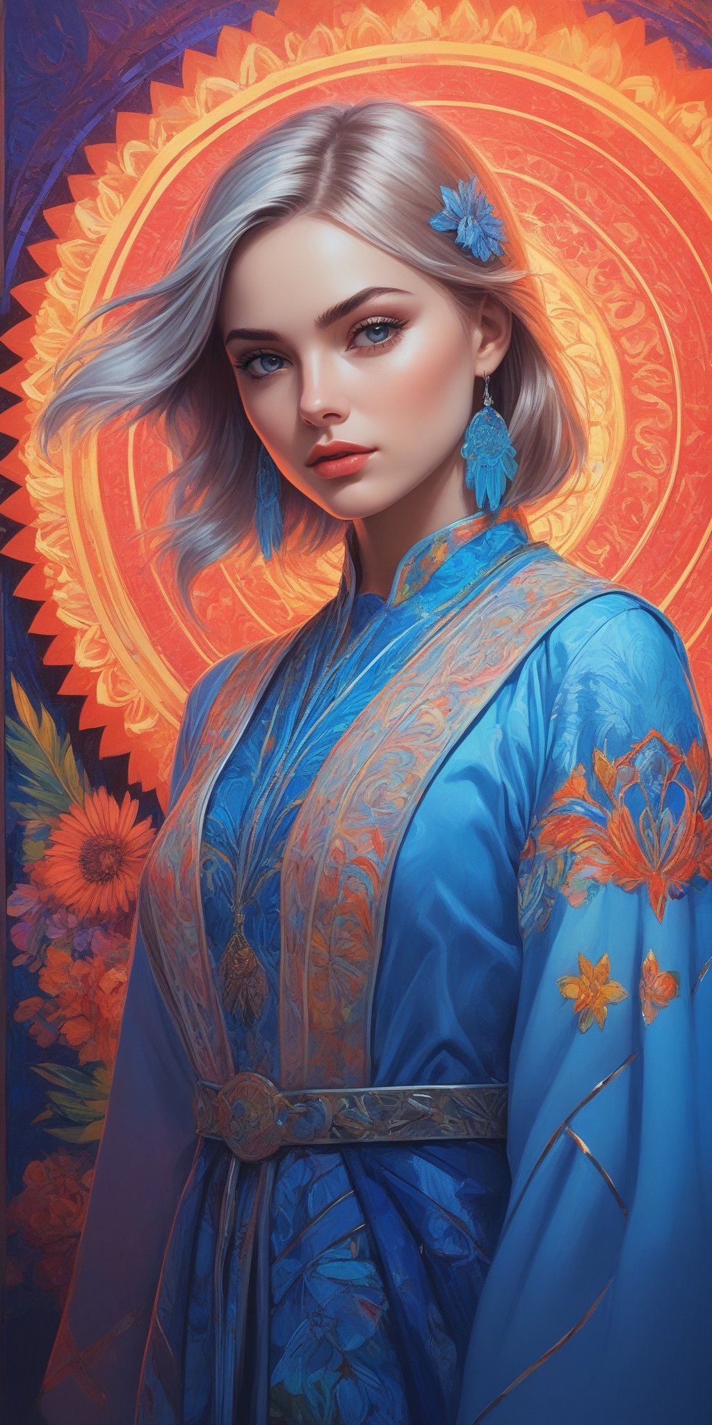 (masterpiece, high quality, 8K, high_res:1.5), exceptional attention to detail,
portrait of beautiful slavic model. high fashion, close up, extremely detailed, flat illustration in realistic style, handpainted, neon lighting, pop art elements combinated with street art style, bright matte colors, mural, elegant and aesthetic, fushion zentangle ornament with cybertech elements in background,

,fflixmj6