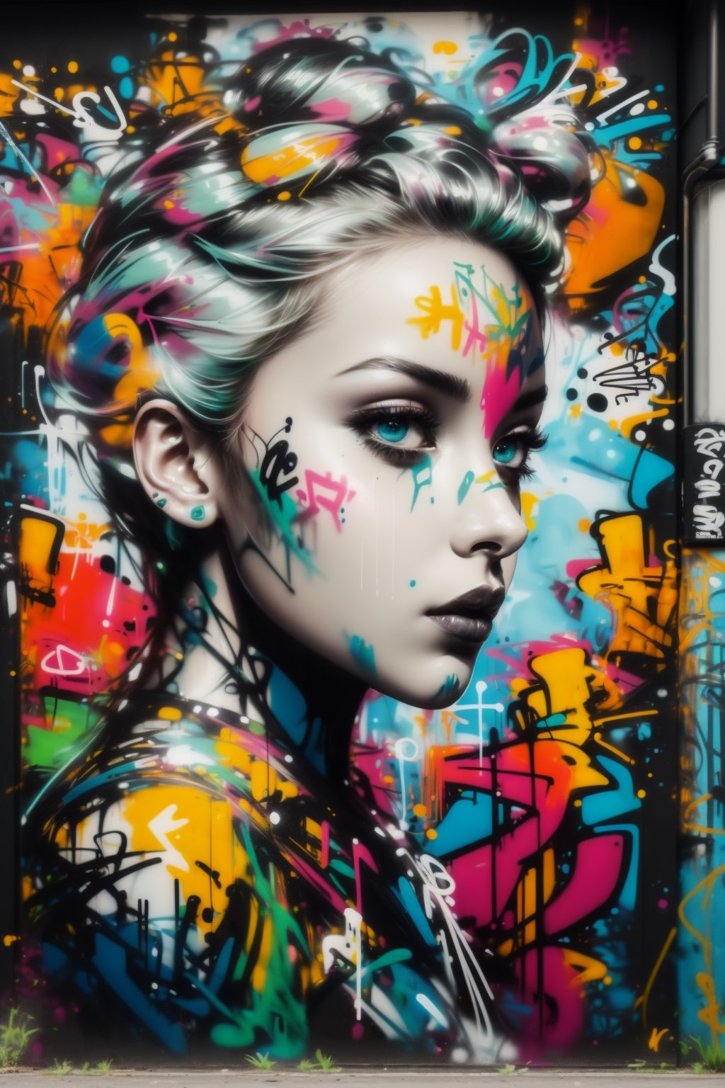 2D, graffitiStyle, (graffiti of perfect girl, random view, solo: 1.5), casual outfit, vibrant, detailed, very attractive, elegant face, sport figure, abstract, masterpiece, high quality, (emerald hair: black hair: 1.3), bright blue eyes, splashes of paint, dynamic pose, ,graffitiStyle