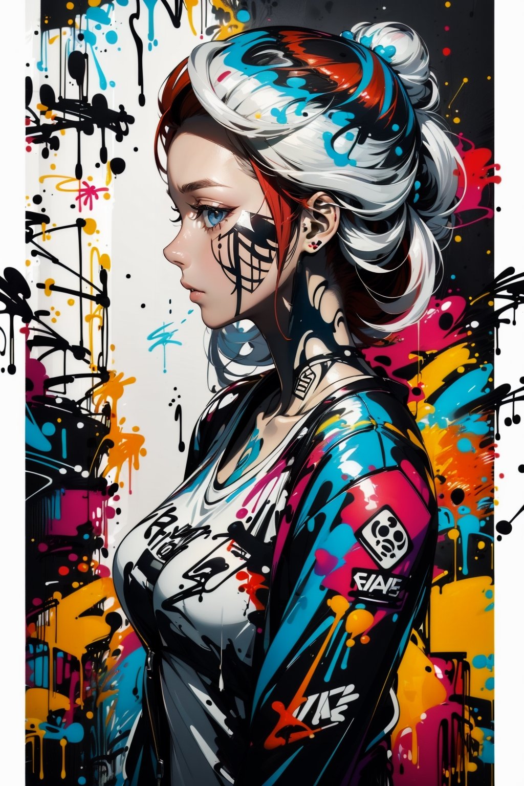 2D, graffitiStyle, (graffiti of perfect girl, random view, solo: 1.5), casual outfit, vibrant, detailed, very attractive, elegant face, sport figure, abstract, masterpiece, high quality, (white hair: gradient red hair:1.3), bright blue eyes, splatoon colors, dynamic pose, ,graffitiStyle