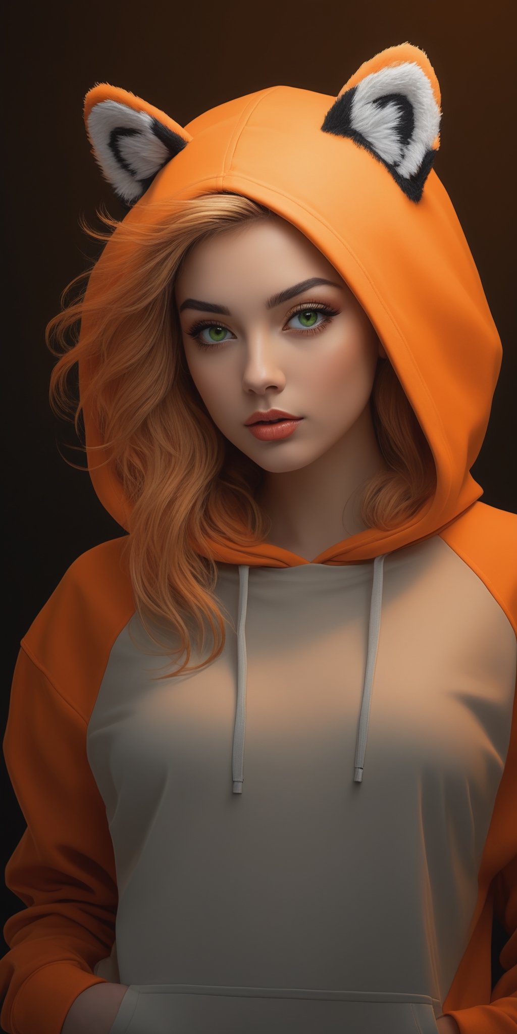 (masterpiece, high quality, 8K, high_res:1.5), 
brilliant merge cartoon drawning style and photorealism, hand-drawn fashion photography,
portrait of an incredibly beautiful woman, (((tiger color hair))), golden green eyes,
clothing \orange oversized hoodie with black ornament, black leather pants\,
art studio background, neon lighting enviroment, sensual and elegant,
unexpectable camera angle, model pose, trending on teenagers magazines and social media.
,fflixmj6