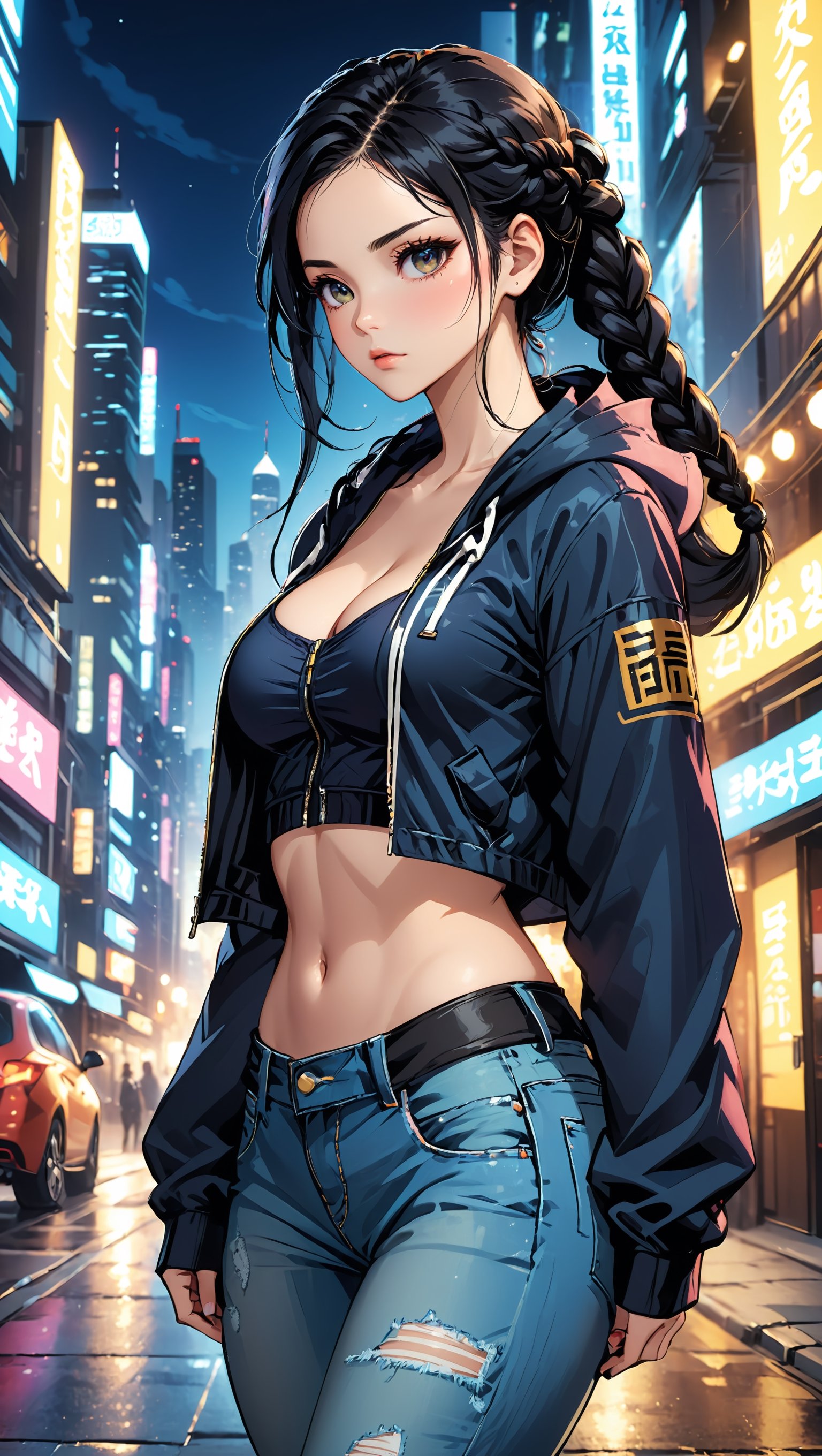 1 young woman, beautiful and attractive and seductive, high detailed jacket with hood, hood on the head, bra under the hood, jeans, dynamic pose, black hair with braid, pale orihalk eyes, dark colors. high contrast, detailed night city background, masterpiece, high quality, (((4K))), fushion of cartoon and korean comic styles, influence by the best comic artists, by badabum27,ULTIMATE LOGO MAKER [XL],LOGO,Decora_SWstyle