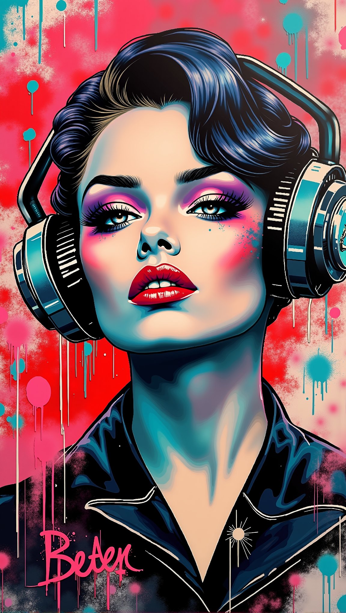 (masterpiece, high quality, 8K resolution),  graffiStyle, graffiti of a beautiful woman in the aesthetic of atom punk which full of glamour and flamboyance. It a vision of the future through the prism of the 1950s. The image has clear contours that help contrast the color scheme. Accuracy of execution, inherent to the best street art artists.