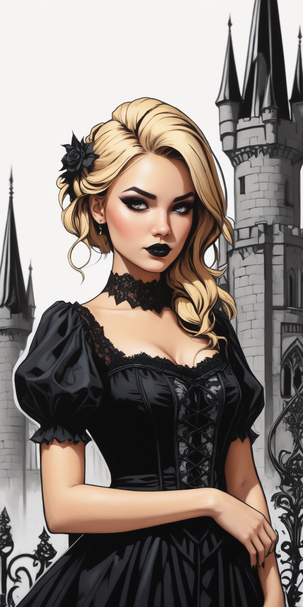 (masterpiece, high quality, 8K, high_res), (((ink and pencil drawning style)),
visual art noveau illustration, fusion of the brightness of pop art style and the depressiveness of gothic style, girl, 25 years old, blonde hair with black strand, barby style, gothic make up,
beautiful sundress \lace elements, gothic ornament\, 
gothic castle in pop art style in the background,
vibrant, sensual, an unexpected combination of melancholy and optimism, elegant, perfect, detailed