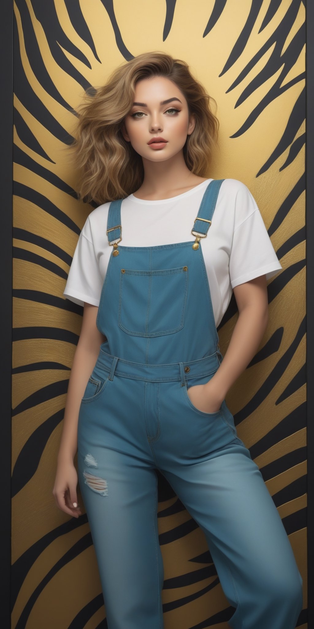 (masterpiece, high quality, 8K, high_res:1.5), 
brilliant merge cartoon drawning style and photorealism, hand-drawn fashion photography,
portrait of an incredibly beautiful woman, (((tiger color hair))), golden green eyes,
clothing \fashion loose overall, baggy jeans, sandales\. \gold and black colors prevail in clothing\,
art studio background, neon lighting enviroment, sensual and elegant,
unexpectable camera angle, model pose, trending on teenagers magazines and social media.
,fflixmj6