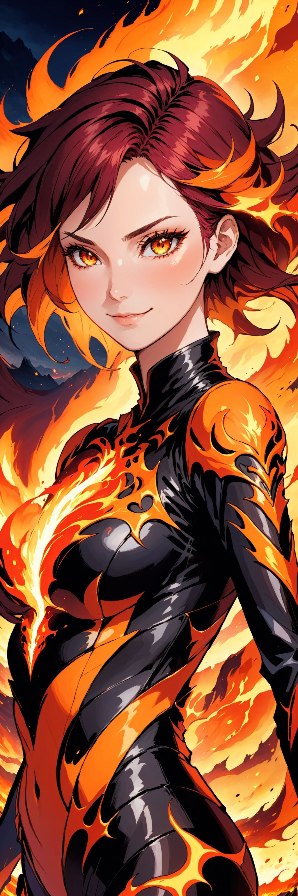 fyre colors close up picture about demonic female as a game character, we see incredibly beautiful creation with evil smile, she is a magma creation, very beautiful and dangerous also, cooled magma is her clothes, dystopic landscape, (((masterpiece))), e, (((manga style))), insanely detailed, (((masterpiece))), best quality, 8k, ultra high res, High contrast and low saturation, by badabum27