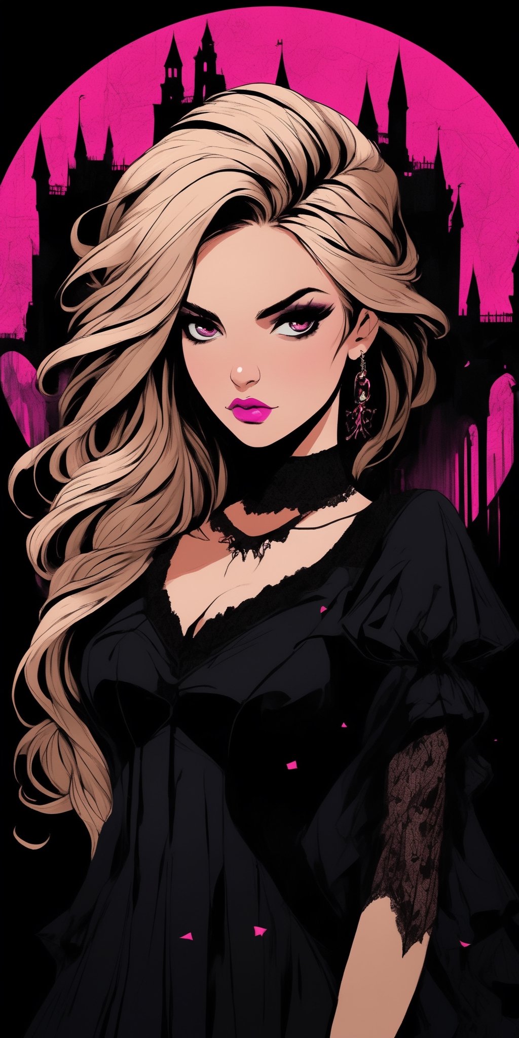 (masterpiece, high quality, 8K, high_res), (((ink and pencil drawning style)),
visual art noveau illustration, fusion of the brightness of pop art style and the depressiveness of gothic style, girl, 25 years old, blonde hair with pink strand, barby style, gothic make up,
beautiful sundress \lace elements, gothic ornament\, 
gothic castle in pop art style in the background,
vibrant, sensual, an unexpected combination of melancholy and optimism, elegant, perfect, detailed