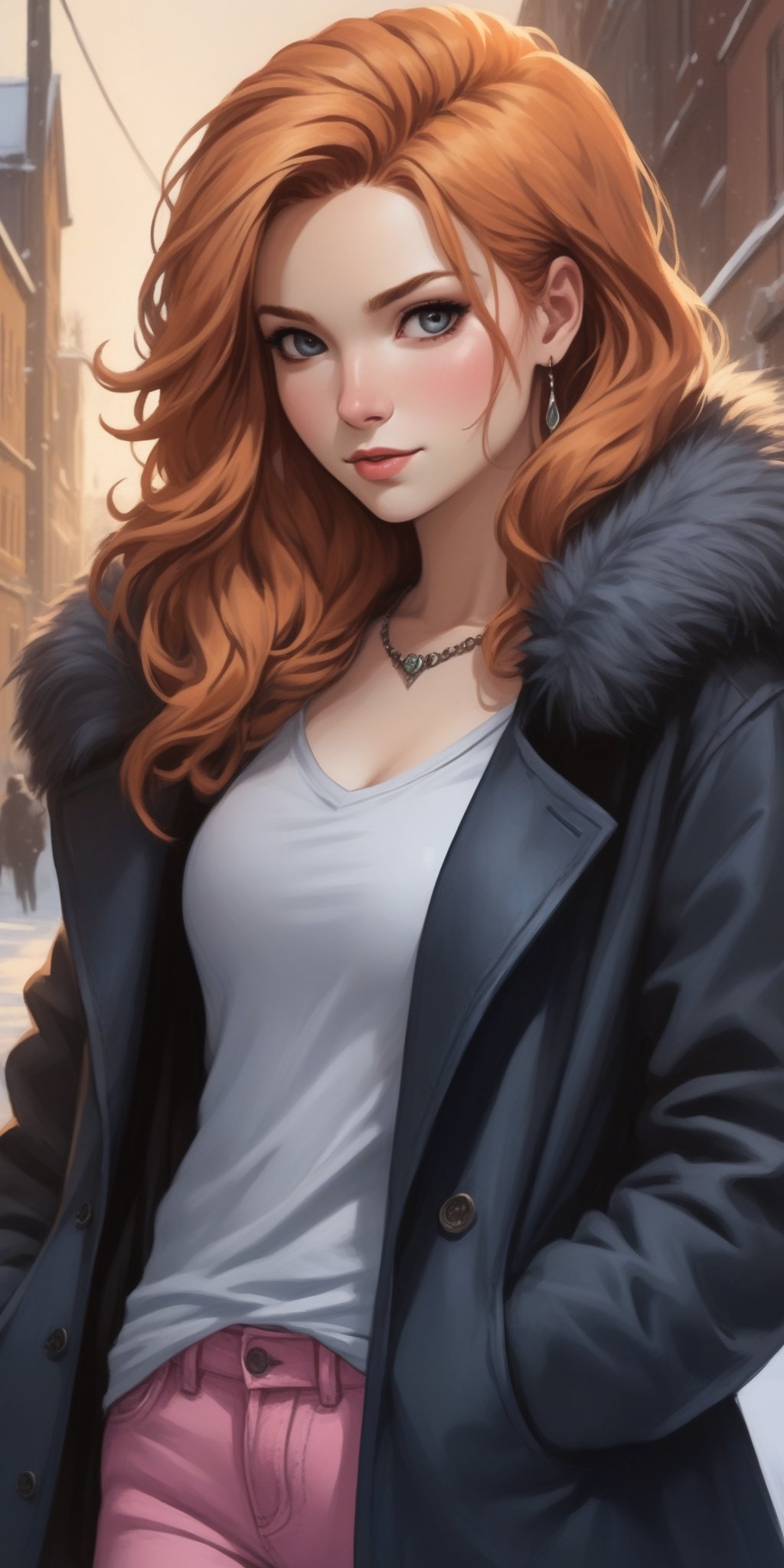 (masterpiece, high quality, 8K, high_res:1.5), 
professional photoshot style, realistic, handpainted style, pencil drawning style. extremely detailed, ((ink lines and watercolor wash)),
breathtakingly beautiful woman, bright ginger hair, 
pink denim pants, black jersey, short fur coat, ugg boots, jewerly, manicure, detailed clothes,
winter season, metropolis square, sundown lighting, snow,
elegant, fashion, contrast, vibrant,
(detailed hands, perfect hands, detailed hair,perfect hair. detailed eyes, perfect figure:1.2),
,portraitart,portrait art style,Leonardo Style