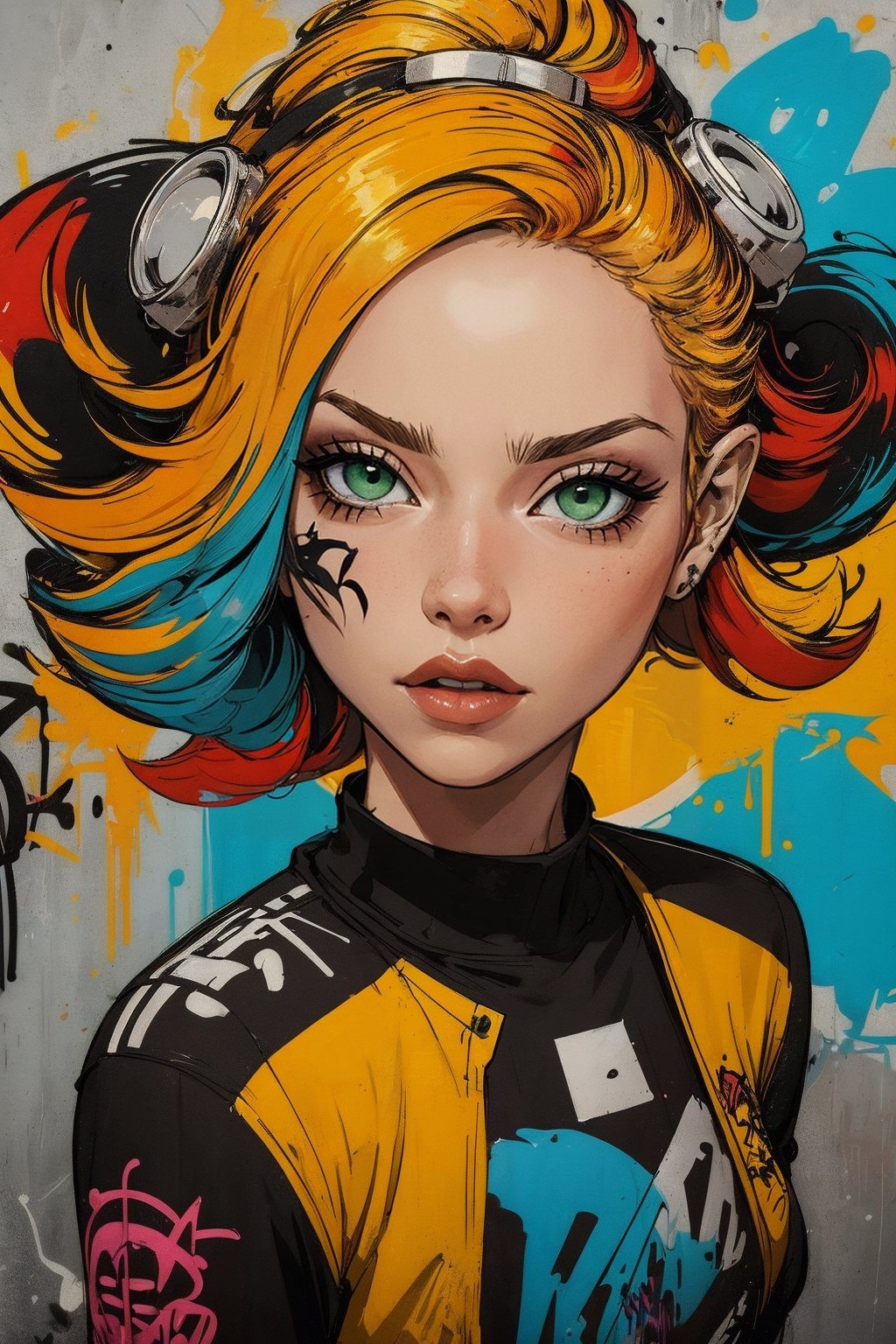 2D, (graffiti of woman:1.5), casual outfit, vibrant, detailed, close up, very attractive, sport figure, abstract, masterpiece, high quality, (street art style:1.2), (blended red and yellow hair:1.3), bright blue eyes, splatoon colors, dynamic pose, graffitiStyle,highres,Anime,graffitiStyle