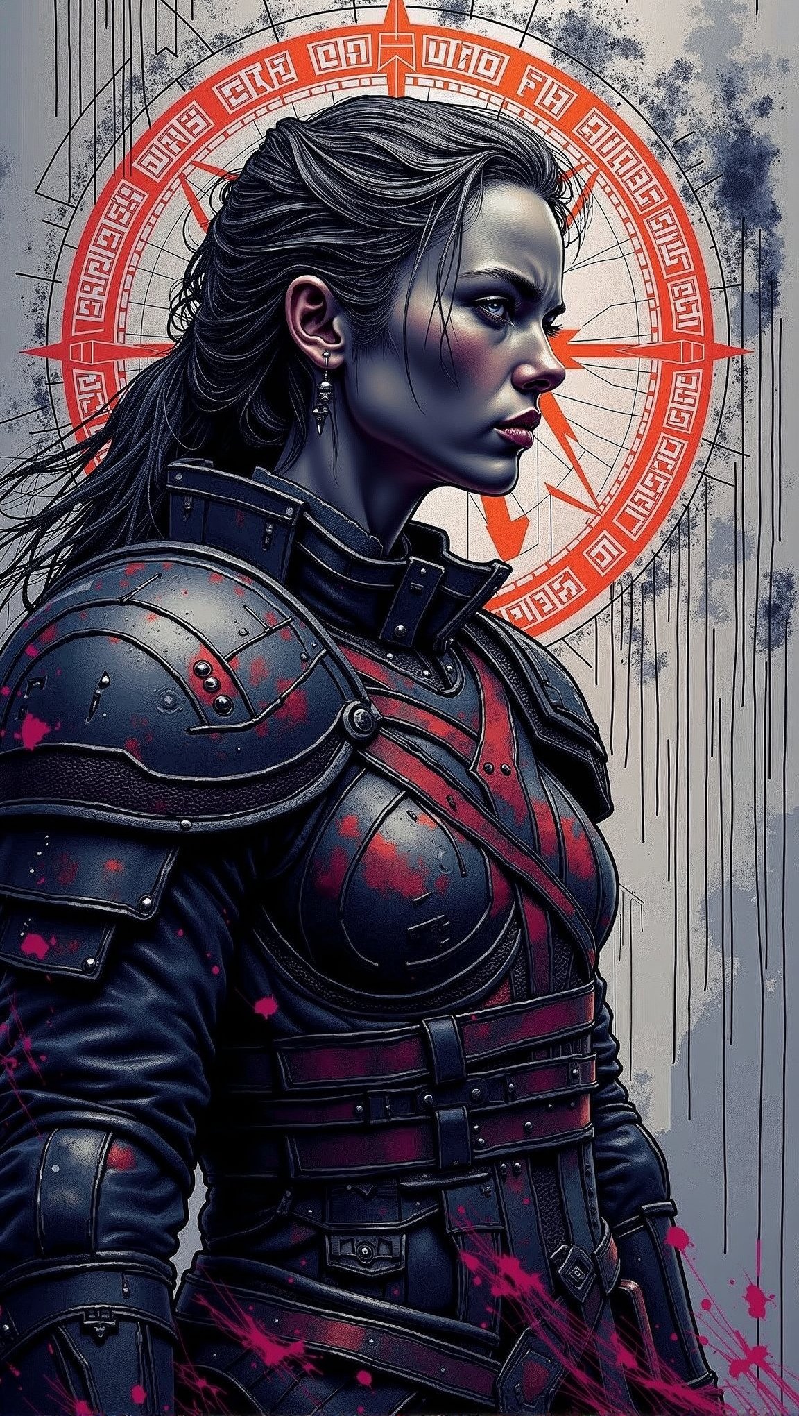 (masterpiece, high quality, 8K resolution), graffiti art,  sketch Painting of a beautiful woman as a valkirie, her appearance is a mixture of futuristic armor with traditional Scandinavian attire. The interweaving of Scandinavian runes with dark neon colors forms in intricate background, by Guy Denning, graffiStyle