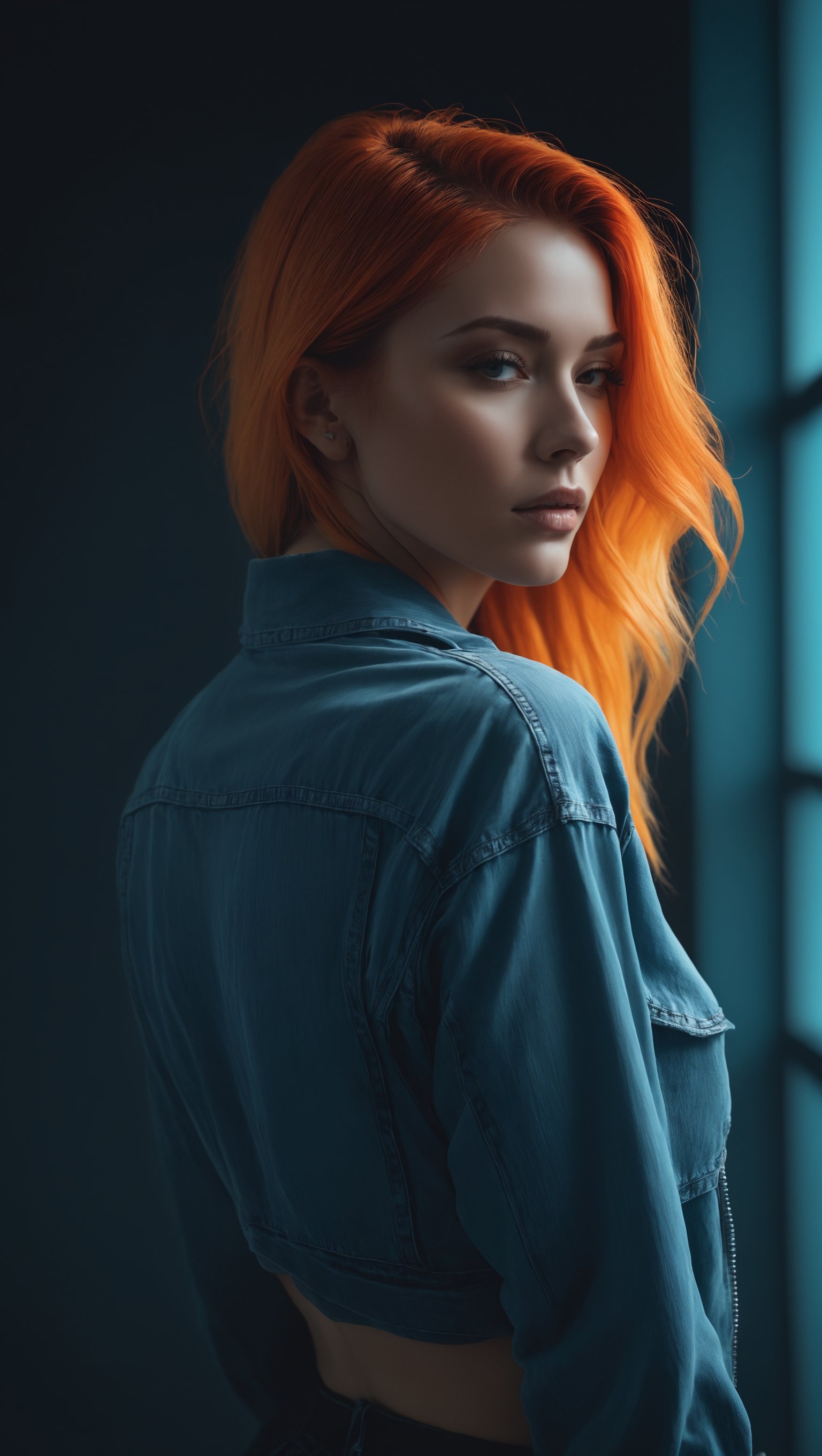 create a picture of woman in grunge style, cinemtic lighting, contrast color palette, by Aldridge	Miles, trending on Artstation, artgerm, fashion photoshot, taken_from_behind