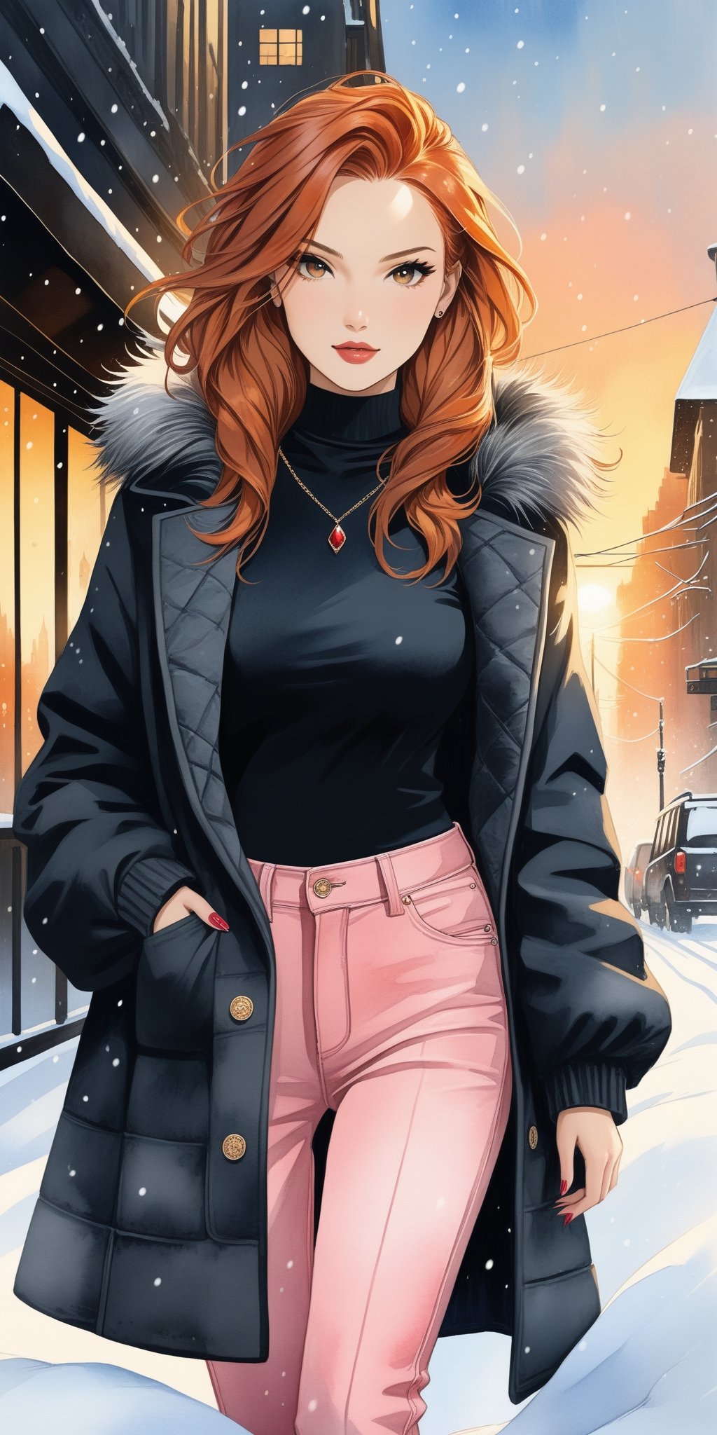 (masterpiece, high quality, 8K, high_res), 
professional photoshot style, realistic, handpainted style, pencil drawning style. extremely detailed, ((ink lines and watercolor wash)),
breathtakingly beautiful woman, bright ginger hair, 
pink denim pants, black jersey, short fur coat, ugg boots, jewerly, manicure, detailed clothes,
winter season, metropolis square, sundown lighting, snow,
elegant, fashion, contrast, vibrant,
,portraitart,portrait art style,Leonardo Style