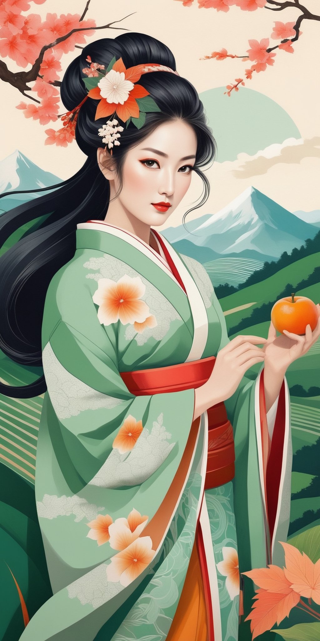 flat illustration in vibrant green colors washdrawning palette, mural style,
female spirit of nature and harvest as center of composition \kitsune\, ancient japan kimono, long цршеу hair, spiritual tattoo, perfect sport body, 
olympus mountain background, completely detailed background, 
influence by ancient myphology, elegant embience, calmly and peaceful picture, fusion of detailed portrait by classicim style and modern drawing techniques, elegant merge of colors,
((masterpiece, sharp focus, high qulity, high-res:1.2)),
detailed face, detailed hair, correct body anatomy