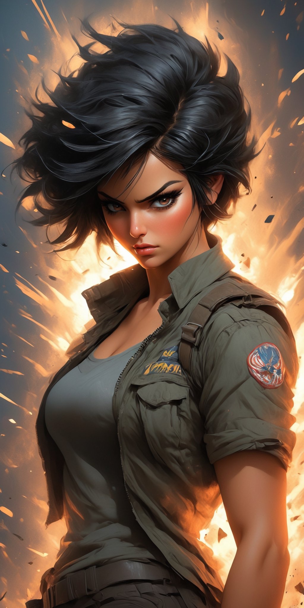 fusion splash art and sticker art, handpainted pencil drawning and 2D CG, realistic style, 
videogame character, woman, beautiful and seductive, antihero, black short hair, evil facial expression, 
clothing \tank top, bomber with short sleeves, military pants, army boots\, clothes dirty with blood,
baclground \bar after a fight with traces of blood everywhere\,
pose showing how tired the character is, 
masterpiece, very detailed image, cover style, high quality, brutal and violence, action style, thriller, detective genre, detailed eyes, 
Comic Book-Style 2d,Comic Book-Style 2d,skpleonardostyle