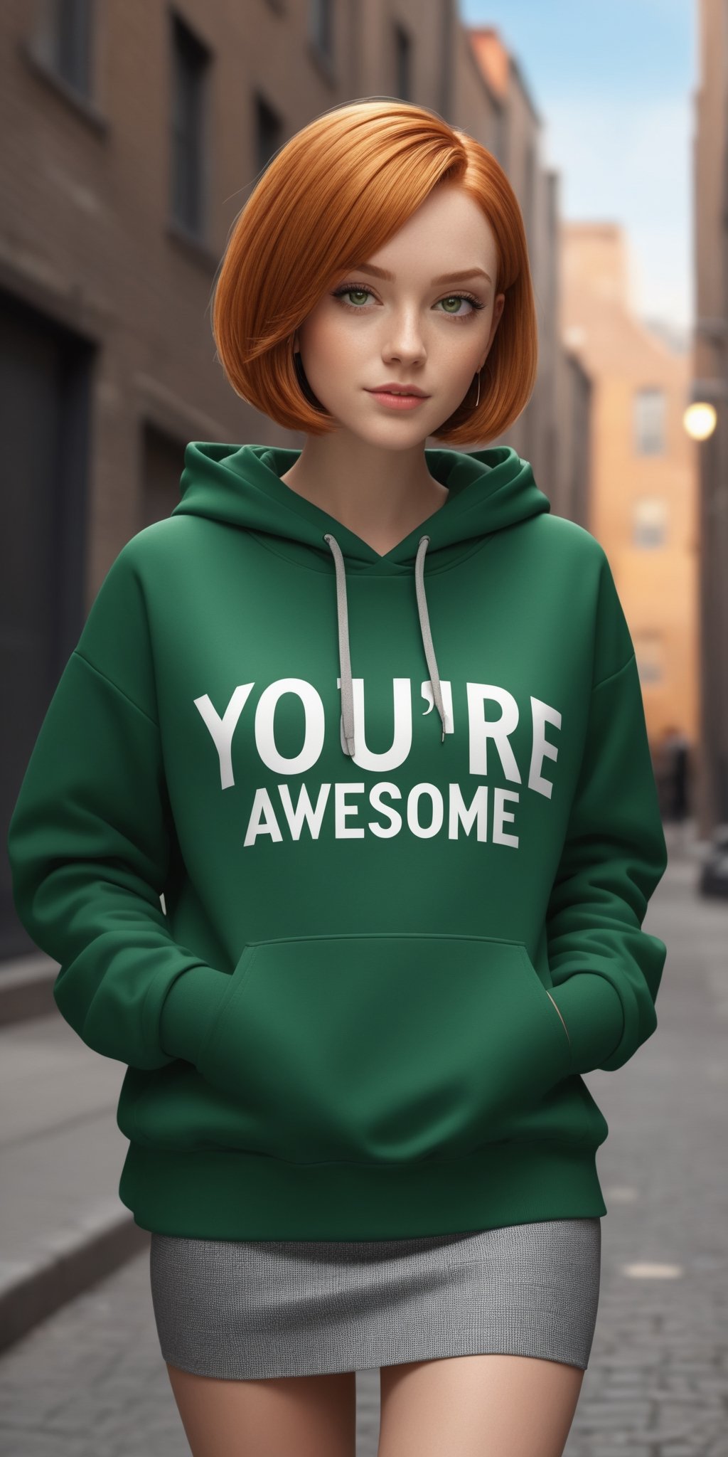 cartoon style, 2D,
1girl, ginger, short stylish bob haircut, green eyes, make up, jewerly, hoodie with text as "you're all awesome", medium length skirt,
city alley background, detailed, elegant background, 
masterpiece, high quality, high_res, HDR