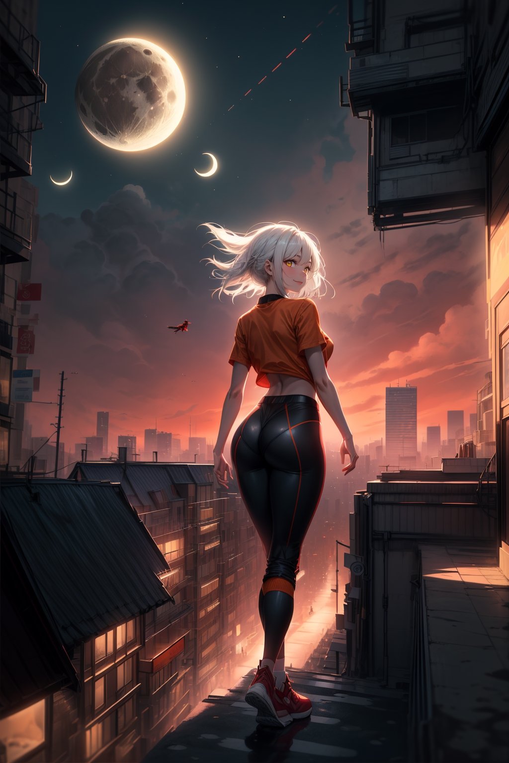 8k, ((best quality)), ((masterpiece)), high_res, anime, (upper body: 1.2), contrast lighting, concept art
1 girl, solo, white hair, sexy body,average breasts, model pose, fly in the sky, (orange shirt), (breeches: \black\), socks, (sneakers: \red\)
landscape, (city in sundown, sun and moon),perfect light