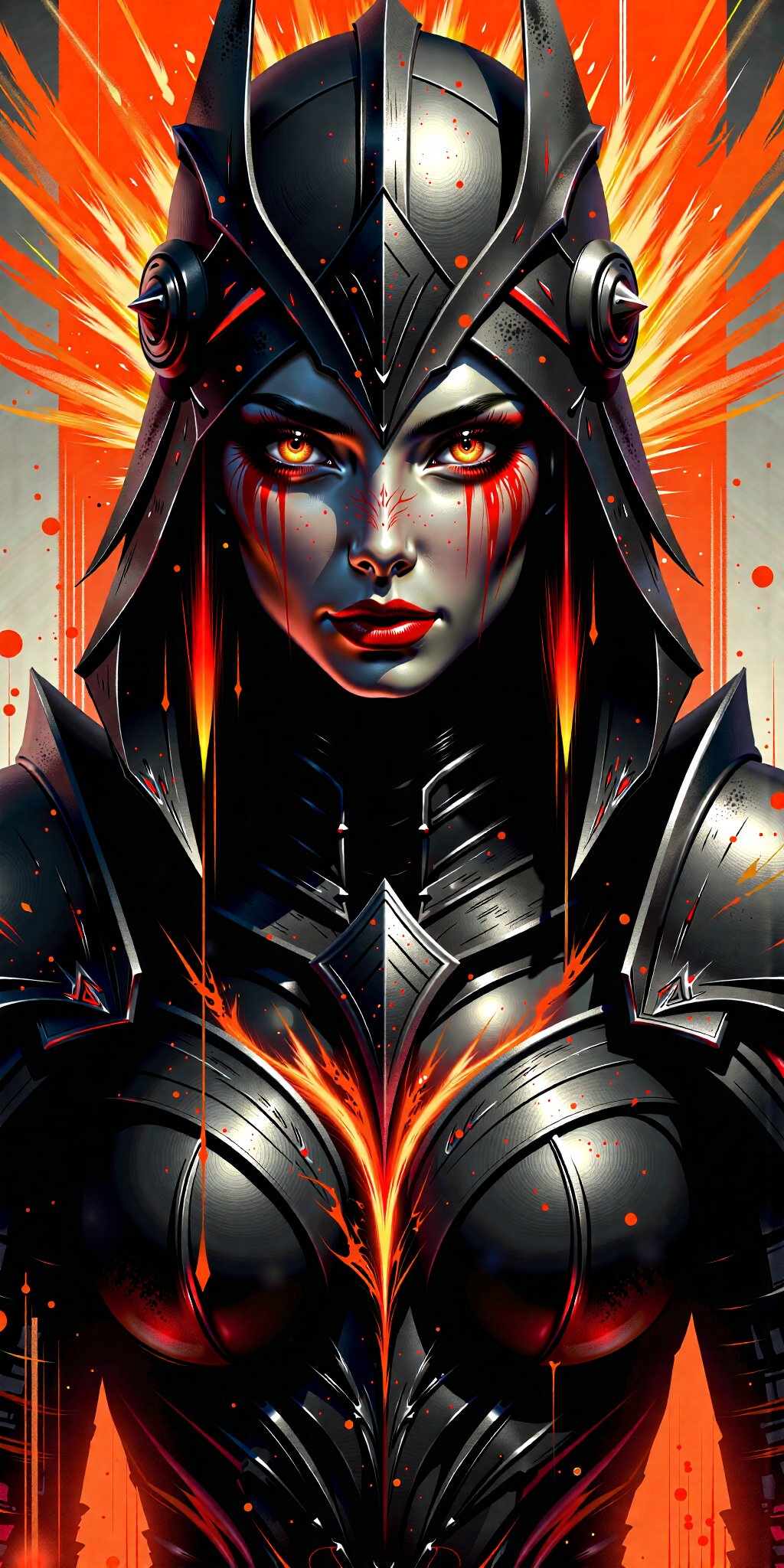 (masterpiece, high quality, 8K, high_res),
abstract, surreal, fantasy style, beautiful woman as the War, fiery eyes with vertical pupils, high contrast pallete, black and orange colors prevail in the palette, armor outfit, very detailed, battlefield background, high definition, sharp focus,
Midjourney_Whisper