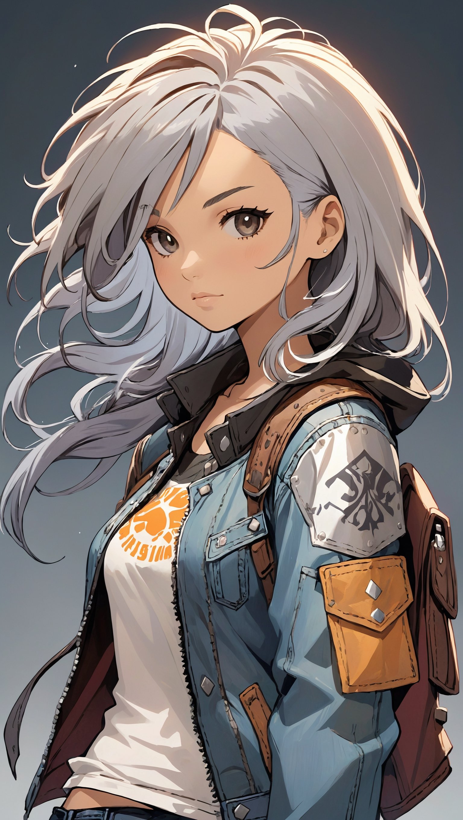 highly detailed illustration in anime style, rpg style, beautiful young woman, 20 years old, metallic silver hair, casual shirt, leather jacket, jeans, boots, ultra detailed face, (very detailed hair), rebels shelter background, fusion of final fantasy videogame and dungeon & dragons realm, high contrast, flat colors, cel shaded, by Nekoshowgun,Magical Fantasy style,3d toon style,portraitart