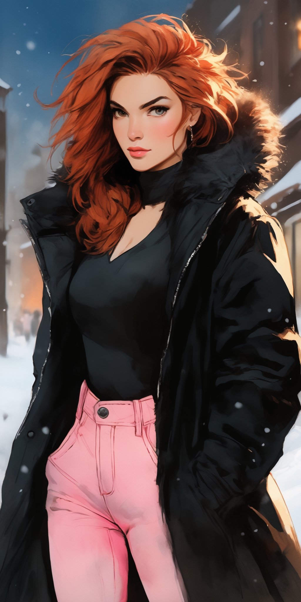 (masterpiece, high quality, 8K, high_res:1.5), 
professional photoshot style, realistic, handpainted style, pencil drawning style. extremely detailed, ((ink lines and watercolor wash)),
breathtakingly beautiful woman, bright ginger hair, 
pink denim pants, black jersey, short fur coat, ugg boots, jewerly, manicure, detailed clothes,
winter season, metropolis square, sundown lighting, snow,
elegant, fashion, contrast, vibrant,
,portraitart,portrait art style