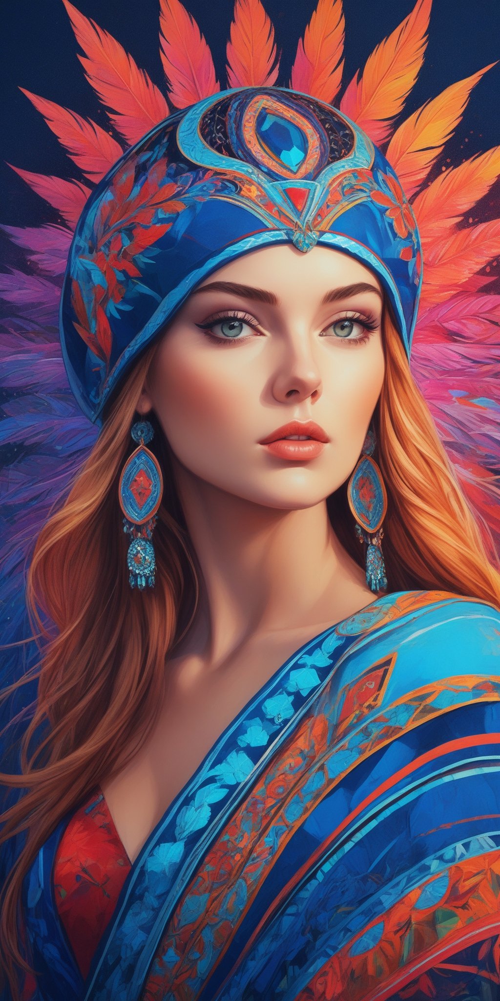 (masterpiece, high quality, 8K, high_res:1.5), exceptional attention to detail,
portrait of beautiful slavic model \straight view\. high fashion, extremely detailed, flat illustration in realistic style, handpainted, neon lighting, pop art elements combinated with street art style, bright matte colors, mural, elegant and aesthetic, fushion zentangle ornament with cybertech elements in background,