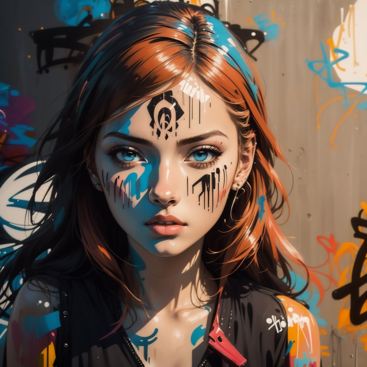 2D, graffitiStyle, (graffiti of perfect girl, random view, solo: 1.5), casual outfit, vibrant, detailed, very attractive, elegant face, sport figure, abstract, masterpiece, high quality, splashes of paint, dynamic pose, ,graffitiStyle,Anime