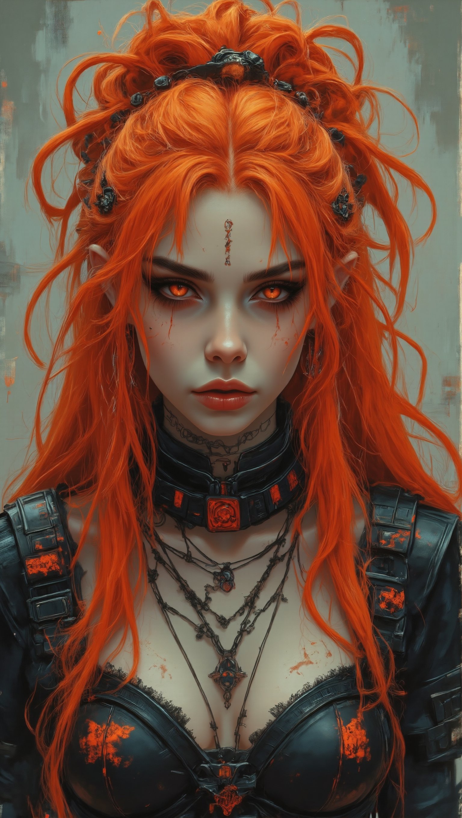 (masterpiece, high quality, 8K resolution). 
Punk rock aesthetics in cyberpunk conditions through a portrait of an incredibly beautiful Slavic girl in 2D anime style. Gothic makeup is stunningly combined with bright orange hair, which is styled in a chaotic manner. Jewelry combines a vibe of protest and religious elements. Acrylic paints create an unusual and intricate image, making it truly unique and inimitable. Each pixel is skillfully executed, making the overall quality of the picture incredibly clear and high-class.,Mid art,FLUX comics style