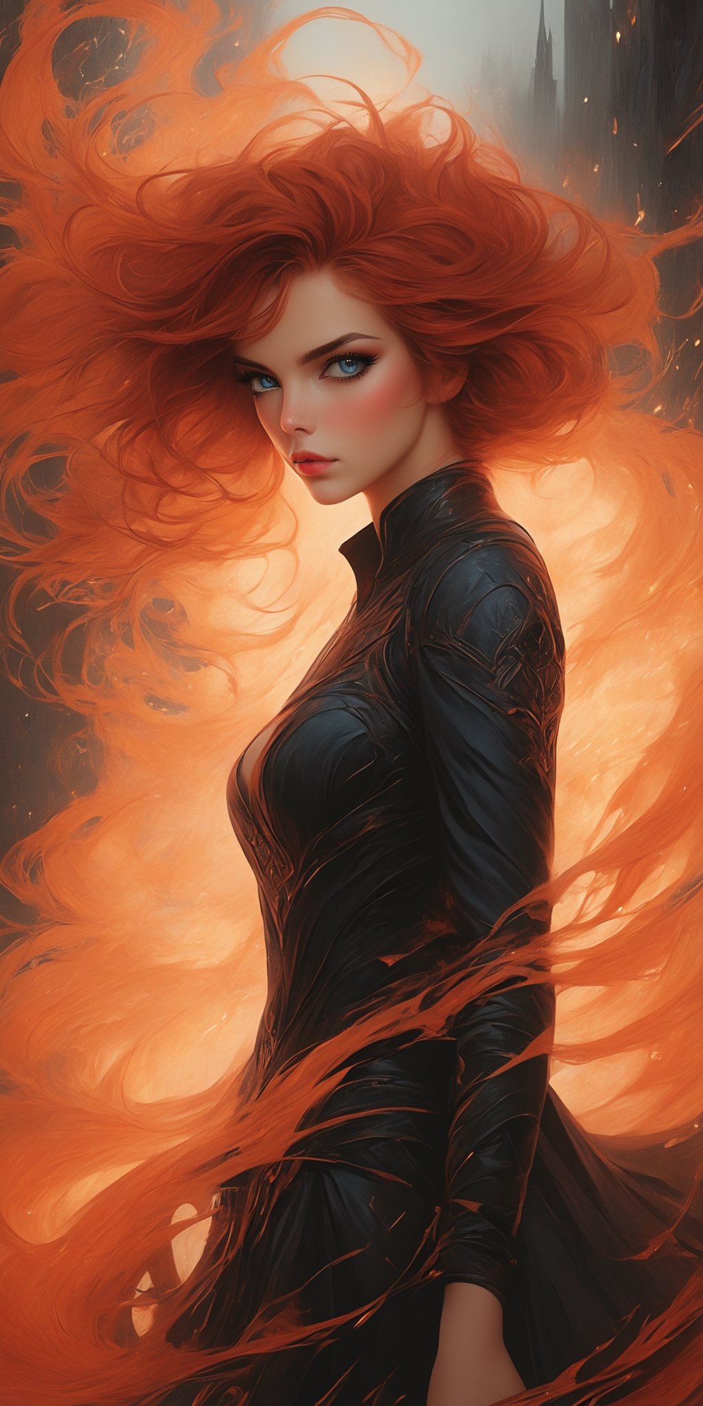 incredibly masterpice artwork, inspired by dark fantasies novel and comics about antihero, surreal image, absurdes, fantasy, dark, handpainted drawning, fusion traditional artwork and comic style, gta character style, high quality, high_res, upper body.
Her fiery red hair always stood out. Some joked that their bright color would always light her path. But for her they were always nothing more than a curse. Proof that she is different. Her blue eyes are like ice and her hair color symbolizes fire. She has too much burning rage, but she is always cold. She is one complete contradiction. Beautiful and pure on the outside, dirty and ugly on the inside. She is sure that one day the world will burn to the ground, leaving behind only ashes. And her dream is to become the spark that will mark the beginning of the fire.,skpleonardostyle