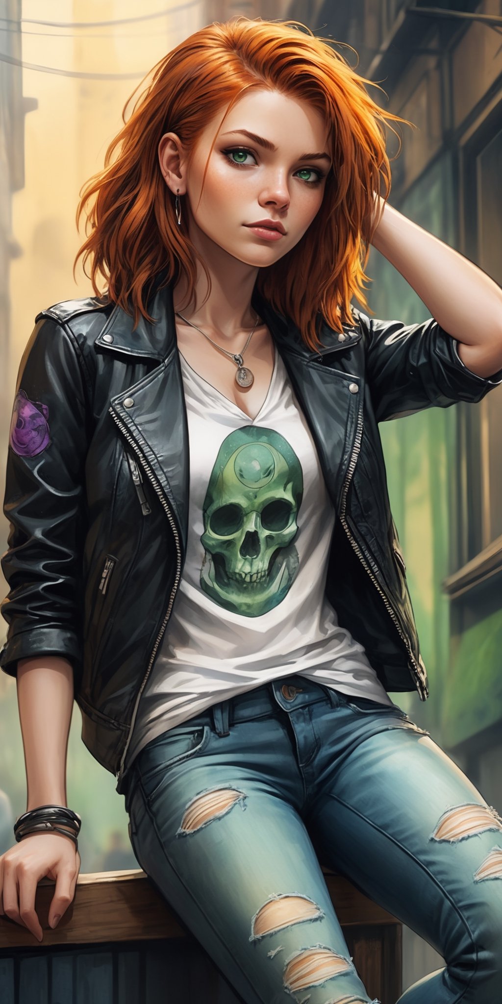 (masterpiece, high quality, 8K, high_res), 
((ink drawning and watercolor wash)), grunge style, mystic embience, 
ultra detailed illustration, incredibly beautiful young woman, ginger hair, green eyes,
black leather jacket with punk patches, loose V-neck T-shirt, worn out old jeans, skater sneakers,
rock bar background, vampire elements, gothic detailes, 
relax poses. 
,portraitart