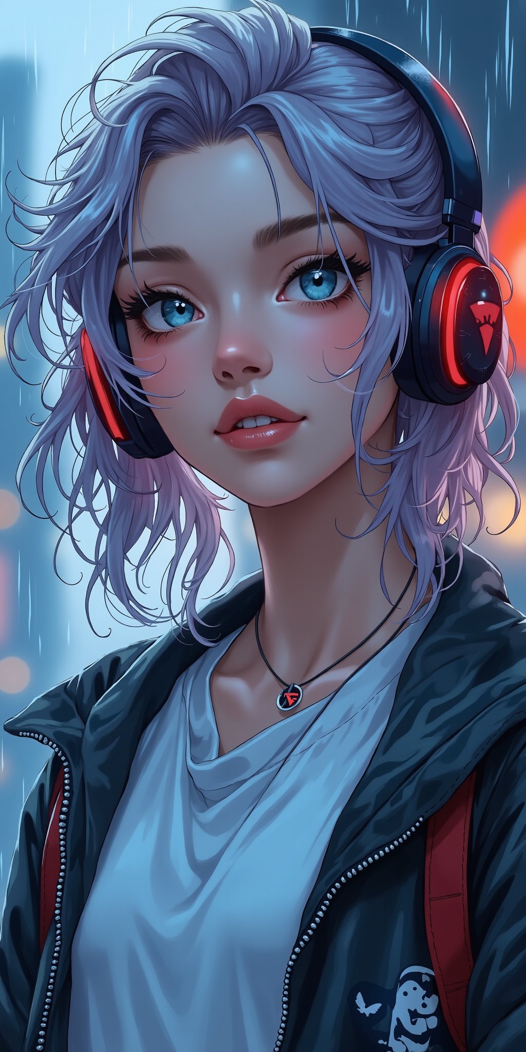 1 girl, anime style in realistic style, (slightly above:1.5), portrait of a beautiful young woman, highlighted hair, pale blue eyes, headphones, olympic jacket, white shirt, rainy weather, ultra detailed, ultra high resolution, merge of the best anime artists styles,Anime Style,Anime style,Manga style 