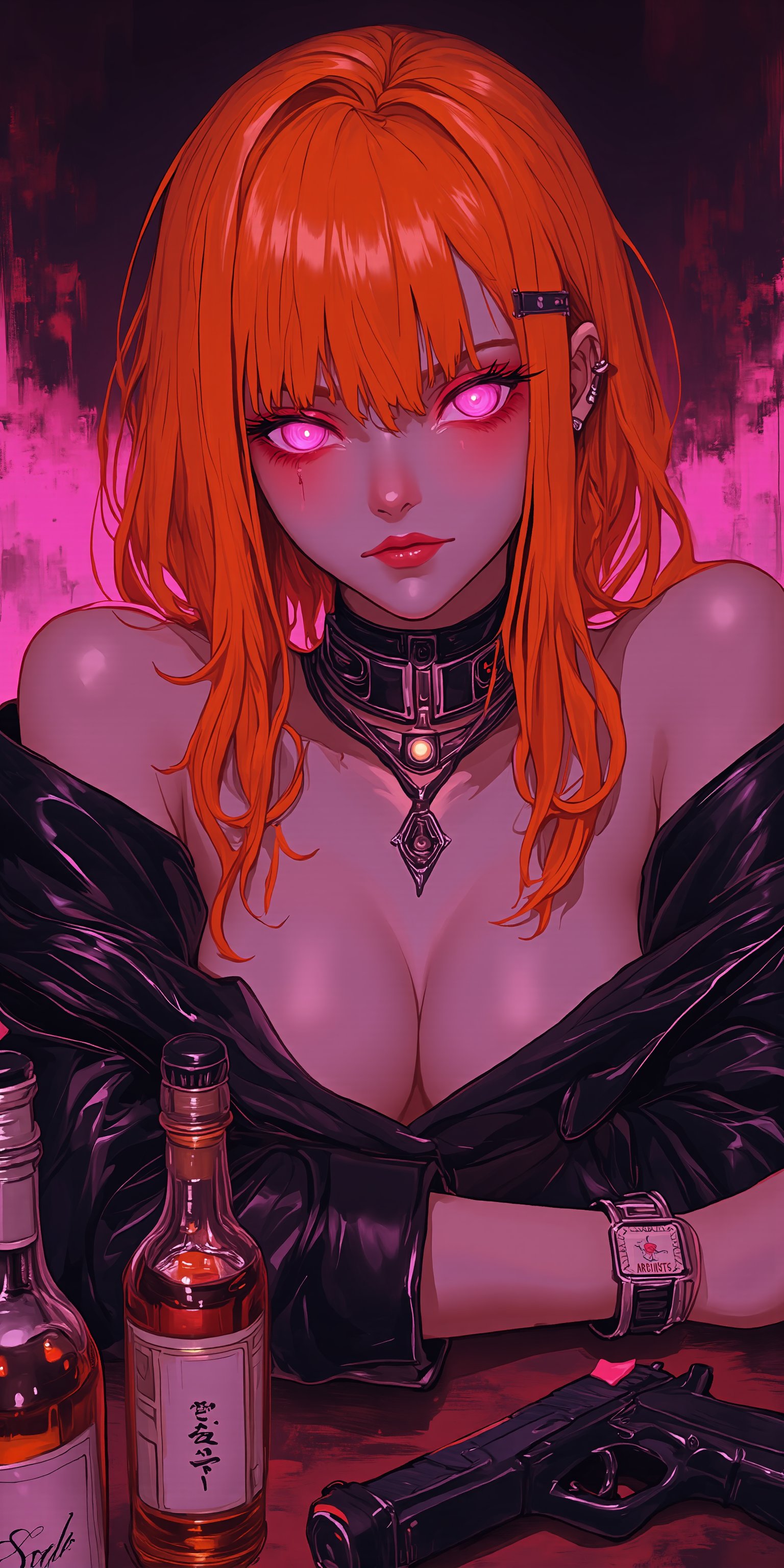 (masterpiece, the highest quality, ultra-high resolution).
Hideaki Anno drawing style, flat illustration, medium shot, the character's calling card with dynamic pose, the most pathos image. Cyberpunk action.
An incredibly beautiful young woman with orange hair in the role of an Information trader,Dressed in club urban clothes with lots of jewelry. The clothes are revealing, emphasizing the character's magnificent figure. The confident and arrogant gaze of the pink-hued cybernetic pupils seems to have been created to look down on the interlocutor. VIP room of a luxury night club. In front of the heroine there is a table with bottles of alcohol and a pistol.
Incredibly beautiful drawing, perfectly executed down to the smallest detail.,Flat Anime Niji Style,futuremadness