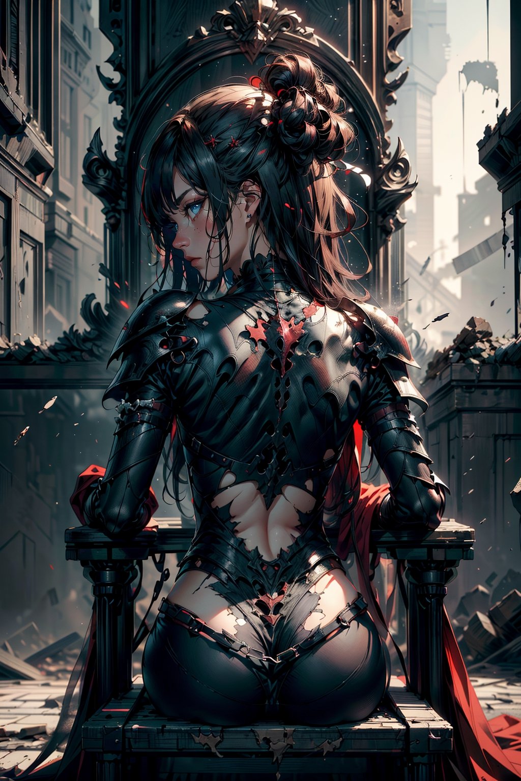 8k, ((best quality)), ((masterpiece)), high_res, anime style, (from behind: 1.2), (full shot: 1.4), upper body
1 girl, dark long hair, perfect body, beautiful face, sit on the throne, broken armor, empty hand
background, (ruin throne room),nodf_lora,highres