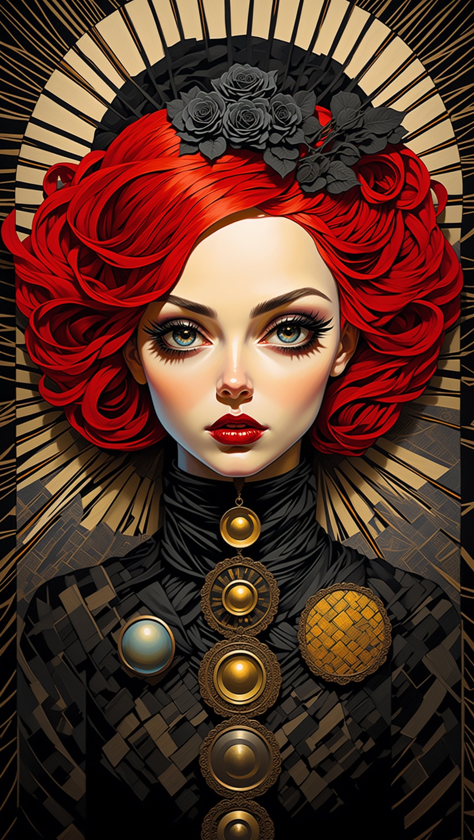 create a imposibly creative picture about stunningly beautiful young goth woman in pop art realm, a picture woven from contradictions, combination of incompatible, truly artwork, use merge of artwork styles of Carrie Ann Baade and Esao Andrews, (((stylized))),(((highest resolution))),(best quality),((extremely sharp focus))

