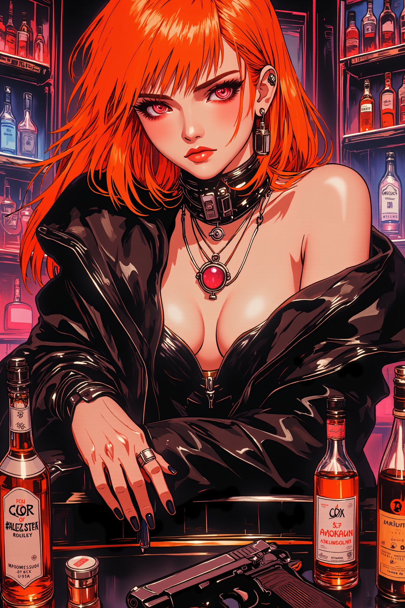 (masterpiece, the highest quality, ultra-high resolution).
Hideaki Anno drawing style, flat illustration, medium shot, the character's calling card with dynamic pose, the most pathos image. Cyberpunk action.
An incredibly beautiful young woman with orange hair in the role of an Information trader,Dressed in club urban clothes with lots of jewelry. The clothes are revealing, emphasizing the character's magnificent figure. The confident and arrogant gaze of the pink-hued cybernetic pupils seems to have been created to look down on the interlocutor. VIP room of a luxury night club. In front of the heroine there is a table with bottles of alcohol and a pistol.
Incredibly beautiful drawing, perfectly executed down to the smallest detail.,Flat Anime Niji Style