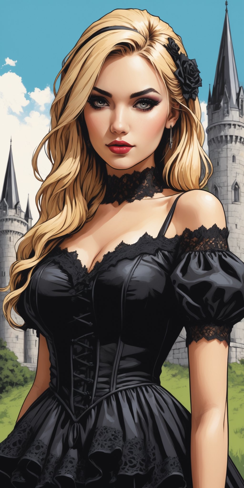 (masterpiece, high quality, 8K, high_res), (((ink and pencil drawning style)),
visual art noveau illustration, fusion of the brightness of pop art style and the depressiveness of gothic style, girl, 25 years old, blonde hair with black strand, barby style, gothic make up,
beautiful sundress \lace elements, gothic ornament\, 
gothic castle in pop art style in the background,
vibrant, sensual, an unexpected combination of melancholy and optimism, elegant, perfect, detailed