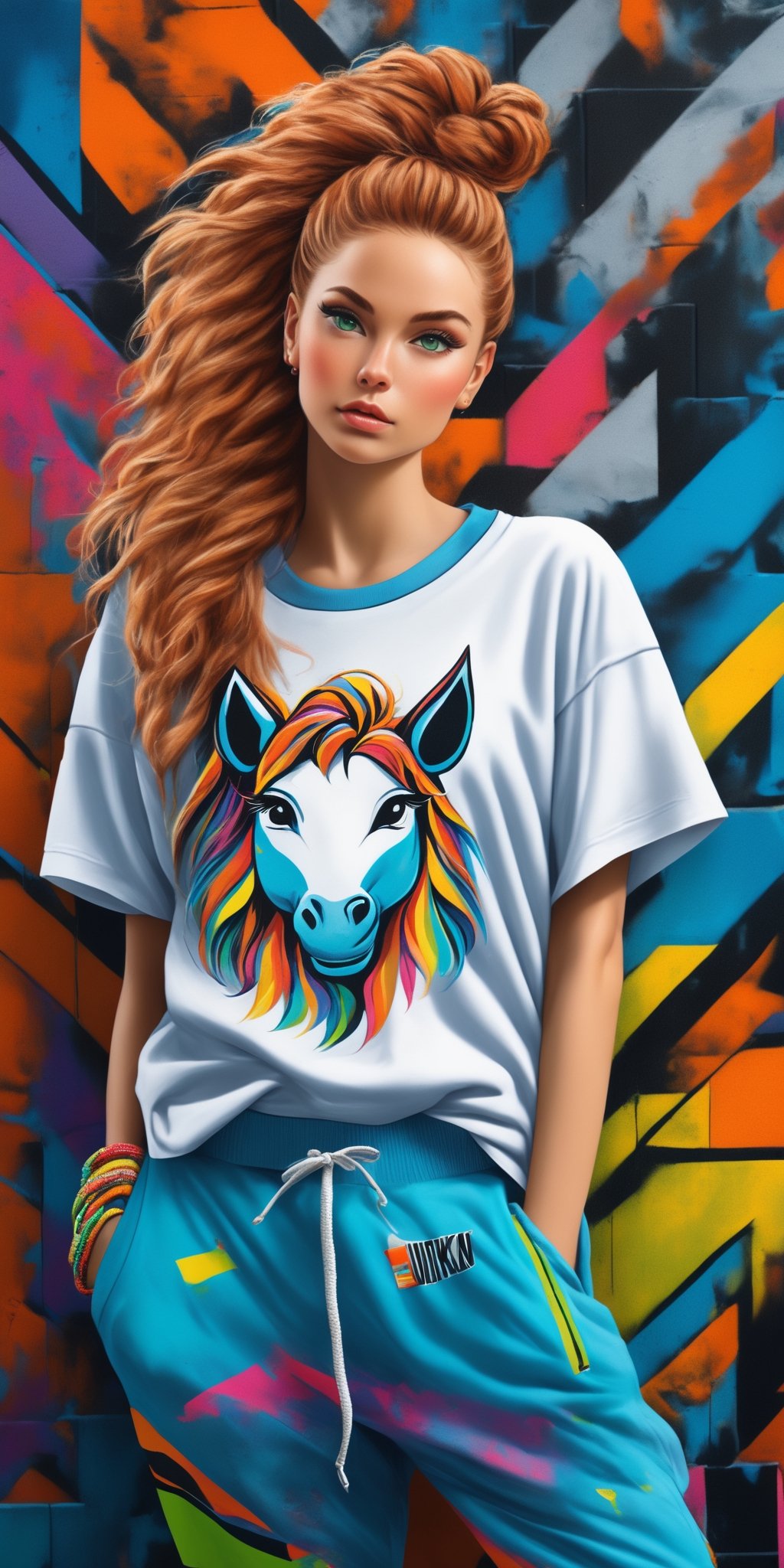 (masterpiece, high quality, 8K, high_res), 
beautiful woman, slavic facial features, ginger, braids, green eyes, 
urban style clothing, oversized tshirt with unicorn print, joggers, sneakers, clothes inspired by Mark Ecko, 
a street full of street art elements background,
professional photoshot style, vibrant, energetic, restless, cheerful, inspiring, intricate,
ultra detailed, pictured by badabum27, 

