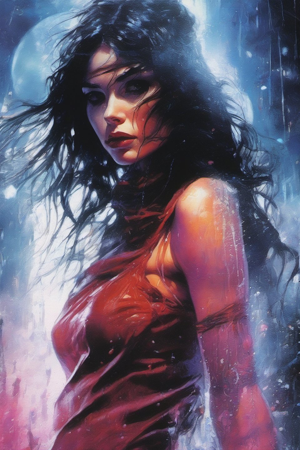 Elektra, Elektra Natchios, Marvel Comics, extremely vibrant colours, Highly detailed, highly cinematic, close-up image of a deity of vengance, perfect composition, psychedelic colours, magical flowing mist, nightsky, silver_fullmoon, city in the distance, neon lights, lots of details, rain downpour hurricane thunder lightnings sparkles metallic ink, beautifully lit, a fine art painting by drew struzan and karol bak, gothic art, dark and mysterious, ilya kuvshinov, russ mills, 
