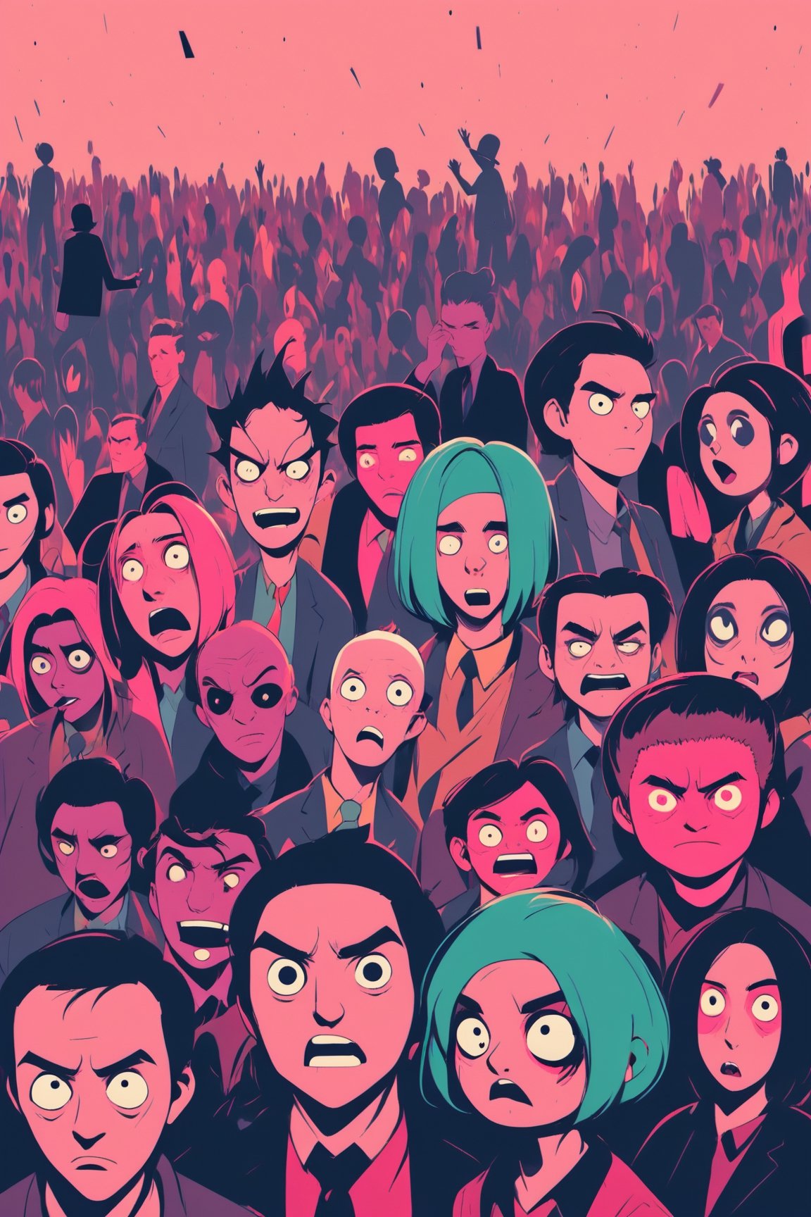 The characters, the strangers people, all changes into the noise they came from., v0ng44g, aw0k euphoric style,Utra,potma style,Flat vector art,Retro Art-style ,Comic Book-Style 2d