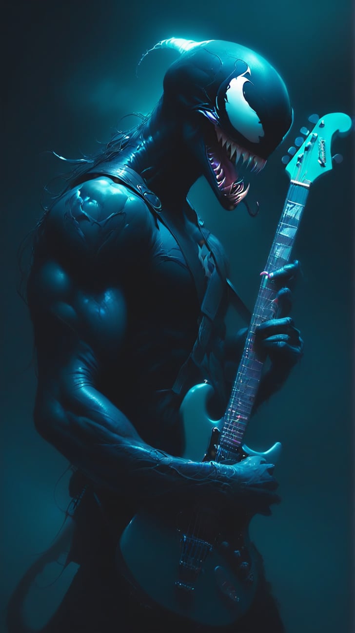 A futuristic Venom playing an electric guitar, symbolizing a timeless connection between past and future. vibrant colors. vibrant colors, MASTERPIECE by Aaron Horkey and Jeremy Mann, masterpiece, best quality, Photorealistic, ultra-high resolution, photographic light, illustration by MSchiffer, fairytale, Hyper detailed