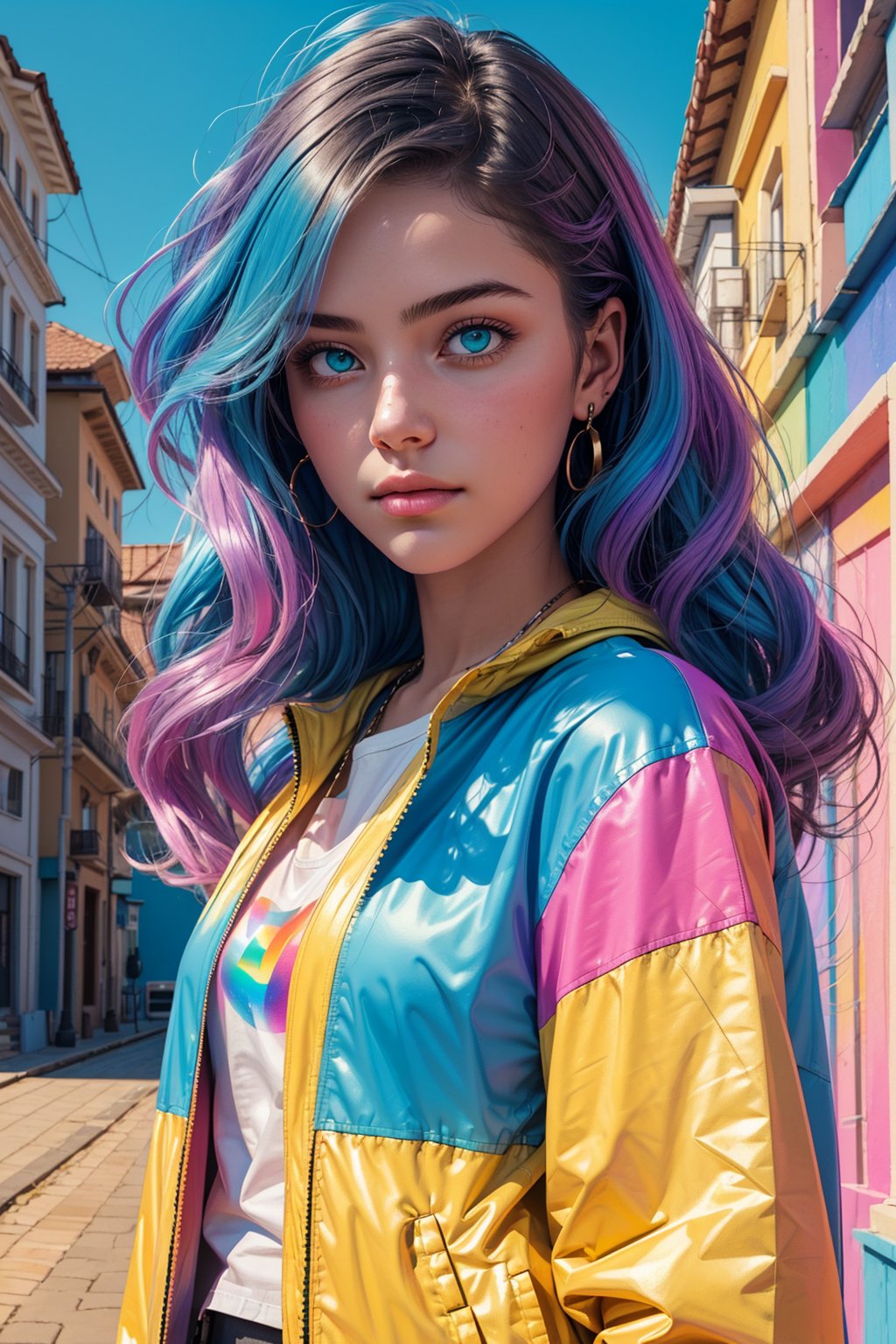 1girl, solo, a beautiful woman, 19 years old, oil painting, impasto, looking at viewer, long magenta yellow cyan wavy hair,  blue-green eyes, tomboy aesthetic, rainbow jacket, white t-shirt, urban psychedelic outfit, psychedelic  background, masterpiece, ,sciamano240, soft shading, soft shading, Vee