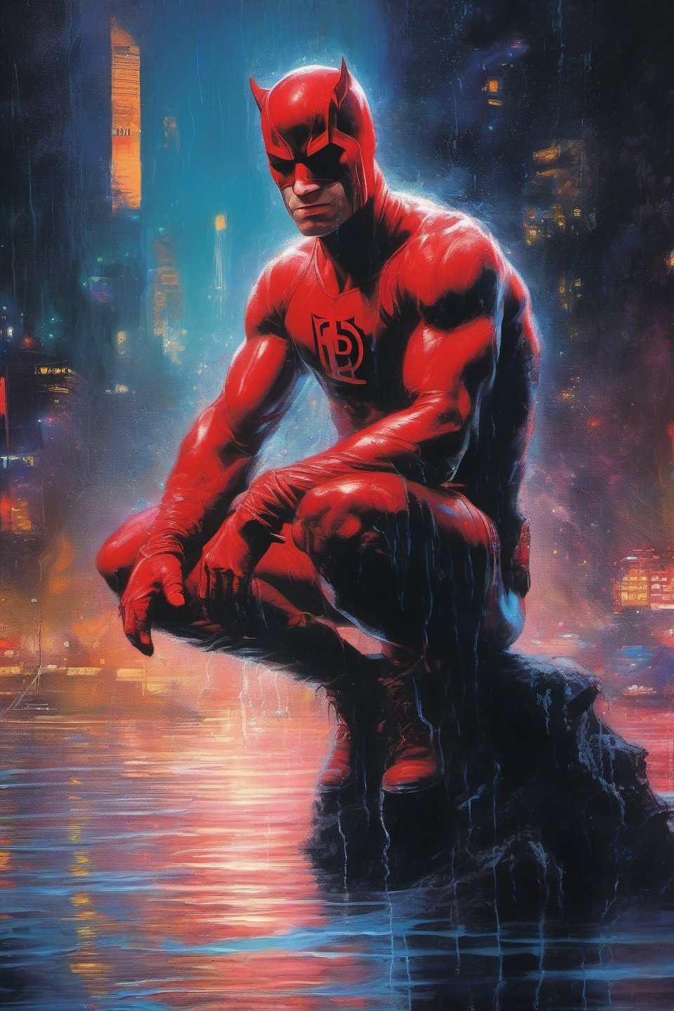Daredevil, The Man Without Fear, Marvel Comics, extremely vibrant colours, Highly detailed, highly cinematic, close-up image of a deity of vengance, perfect composition, psychedelic colours, magical flowing mist, nightsky, silver_fullmoon,buildings in the distance, neon lights, lots of details, rain downpour hurricane thunder lightnings sparkles metallic ink, beautifully lit, a fine art painting by drew struzan and karol bak, gothic art, dark and mysterious, ilya kuvshinov, russ mills, 
