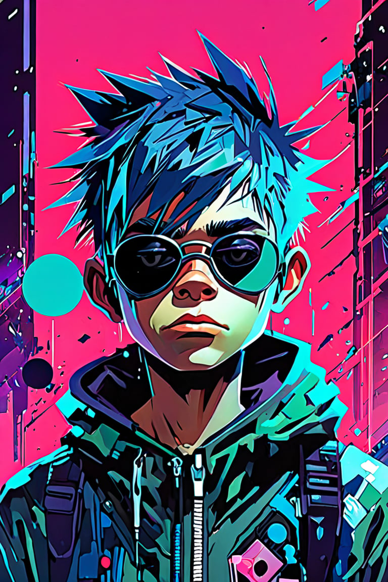 2-D from Gorillaz, 25 years old, sci fi, highly technology, iconographic, glitch background, interactive image, highly detailed, art style by Clayton Crain + Ross Tran + Rachel Walpole + Jeszika Le Vye + Dan Volbert + Simon Stalenhag + Brian Stelfreeze