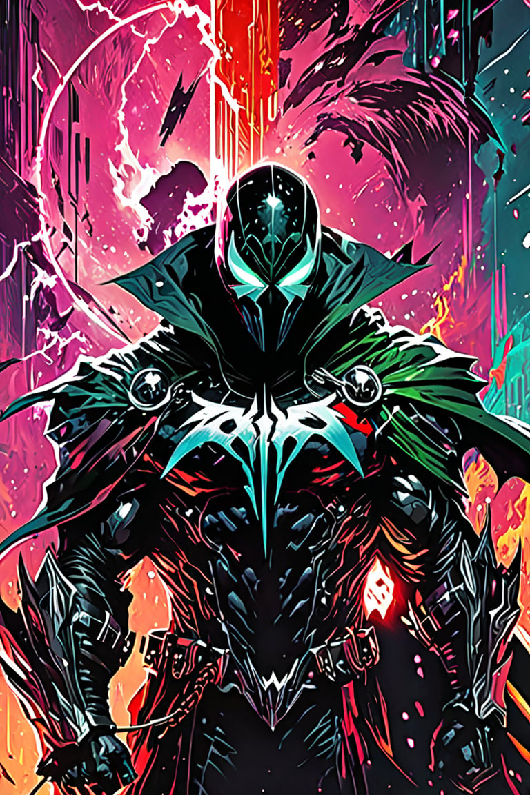 Spawn, Image Comics, sci fi, highly technology, iconographic, glitch background, interactive image, highly detailed, art style by Clayton Crain + Ross Tran + Rachel Walpole + Jeszika Le Vye + Dan Volbert + Simon Stalenhag + Brian Stelfreeze