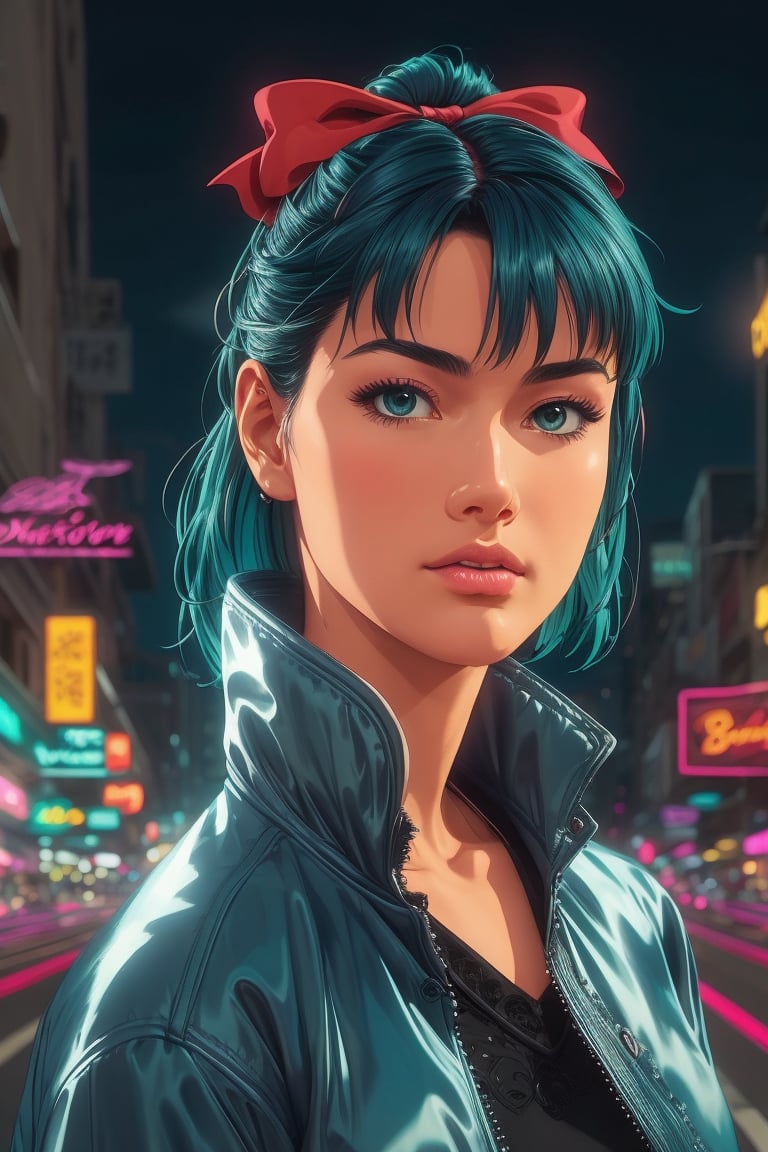 Marika Mamiya, a beautiful woman, 20 years old, long teal hair, ponytail haircut, red bow in hair, dark_grey eyes, silver  jacket, black sweater, black skirt, action scene, in the background a night city with neon lights, interactive elements, very detailed, ((Detailed face)), silver jacket, Color Booster, mikuraova,MarikaMamiya